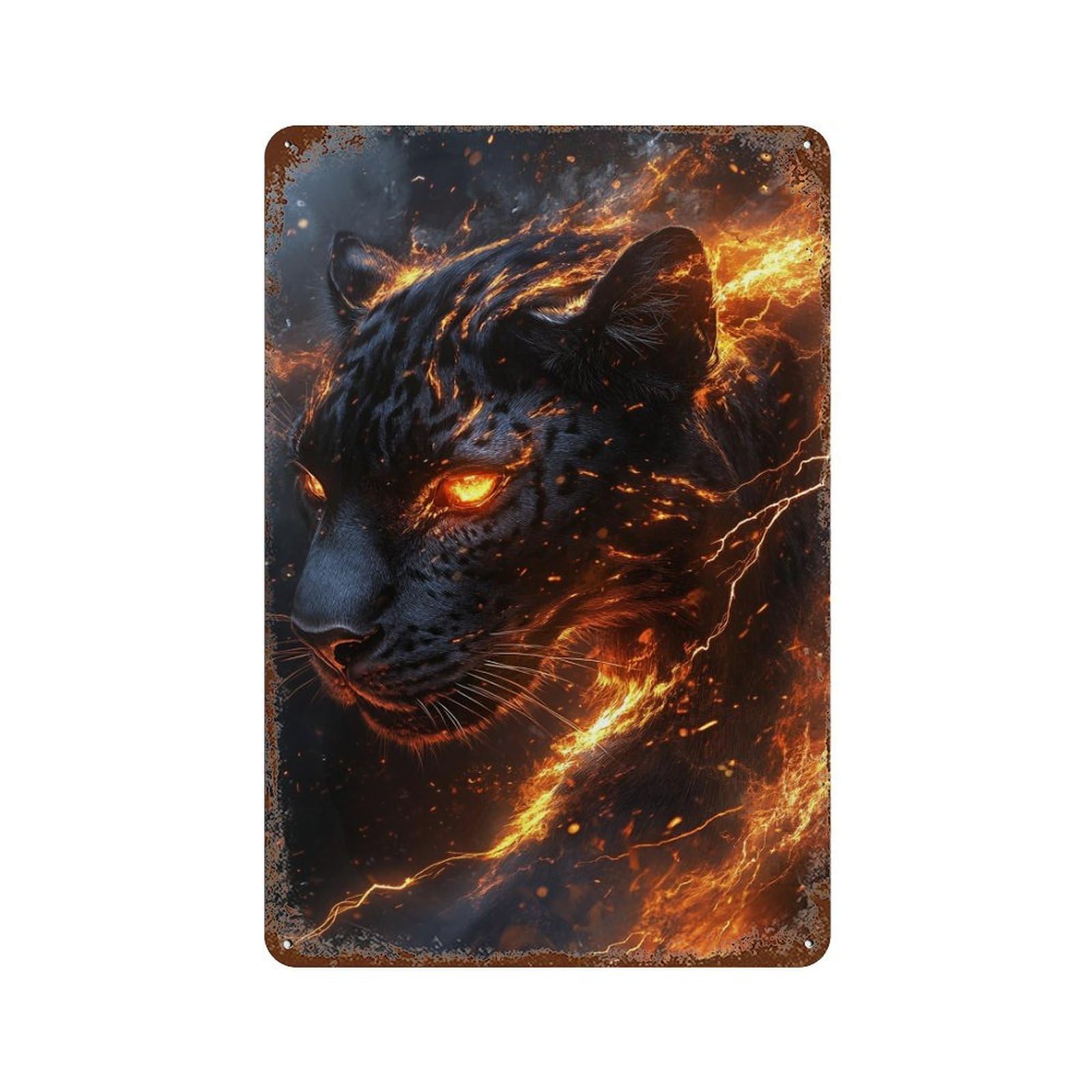 Black Panther with Fiery Eyes Rust Effect Tin Sign 11.8"x7.9", Rustic Home Decor for Cafe, Home Bar And Lounge Decor