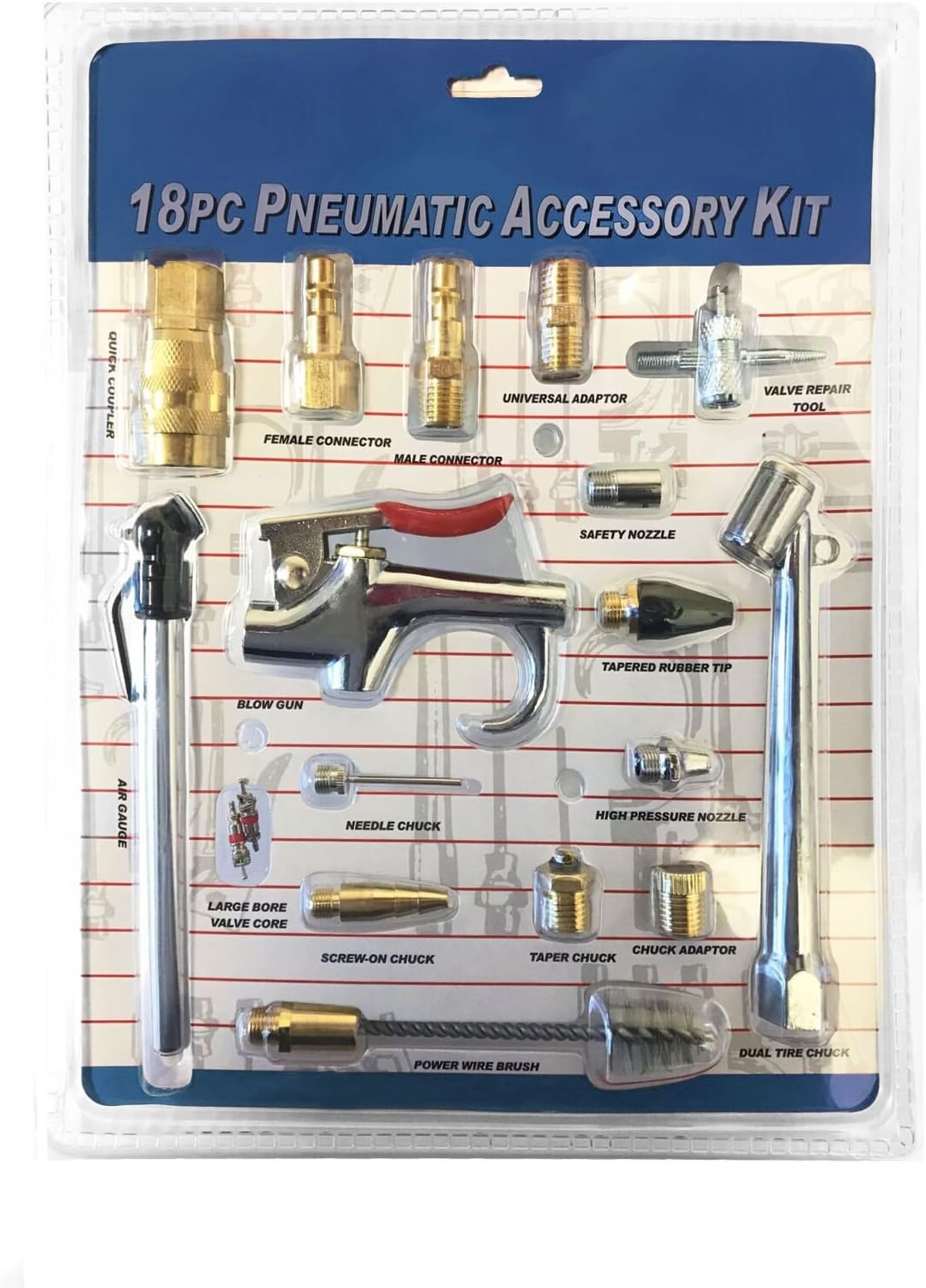 18 Piece Air Compressor Nozzle Set Air Gauge Air Gun Air Pump Car Tire Measuring Accessory Kit (Bore Valve Included)