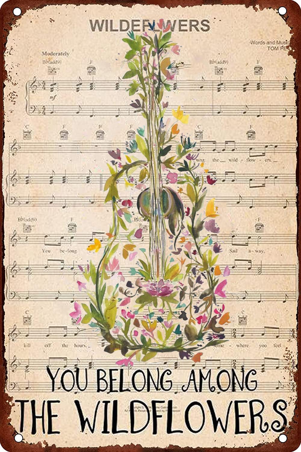 Peiyeety A005 Metal Tin Sign You Belong Among The Wildflowers Quote Art Vintage Decorative 6X8 Inch Retro Wall Art Plaque For Music Lover Home Living Room Bedroom Bohemian Themed Wall Decor