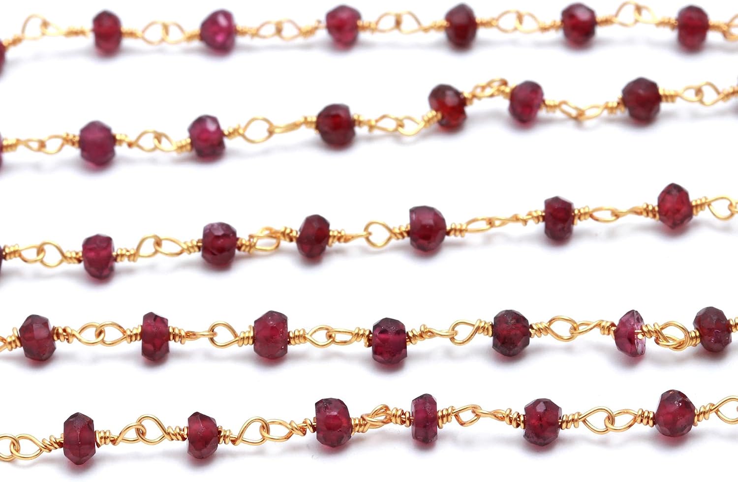 Rare Gemstone | Natural Red Garnet Rosary Chain, 24K Gold Plated Beaded Chain Rosary Style Size - 3 MM, 3 Foot Gemstone Rosary Chain for Jewelry Making, Gemstone Handmade Stone Chain (RC-08)