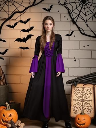 Women's Gothic Witch Dress, Medieval Hooded Halloween Sorceress Costume