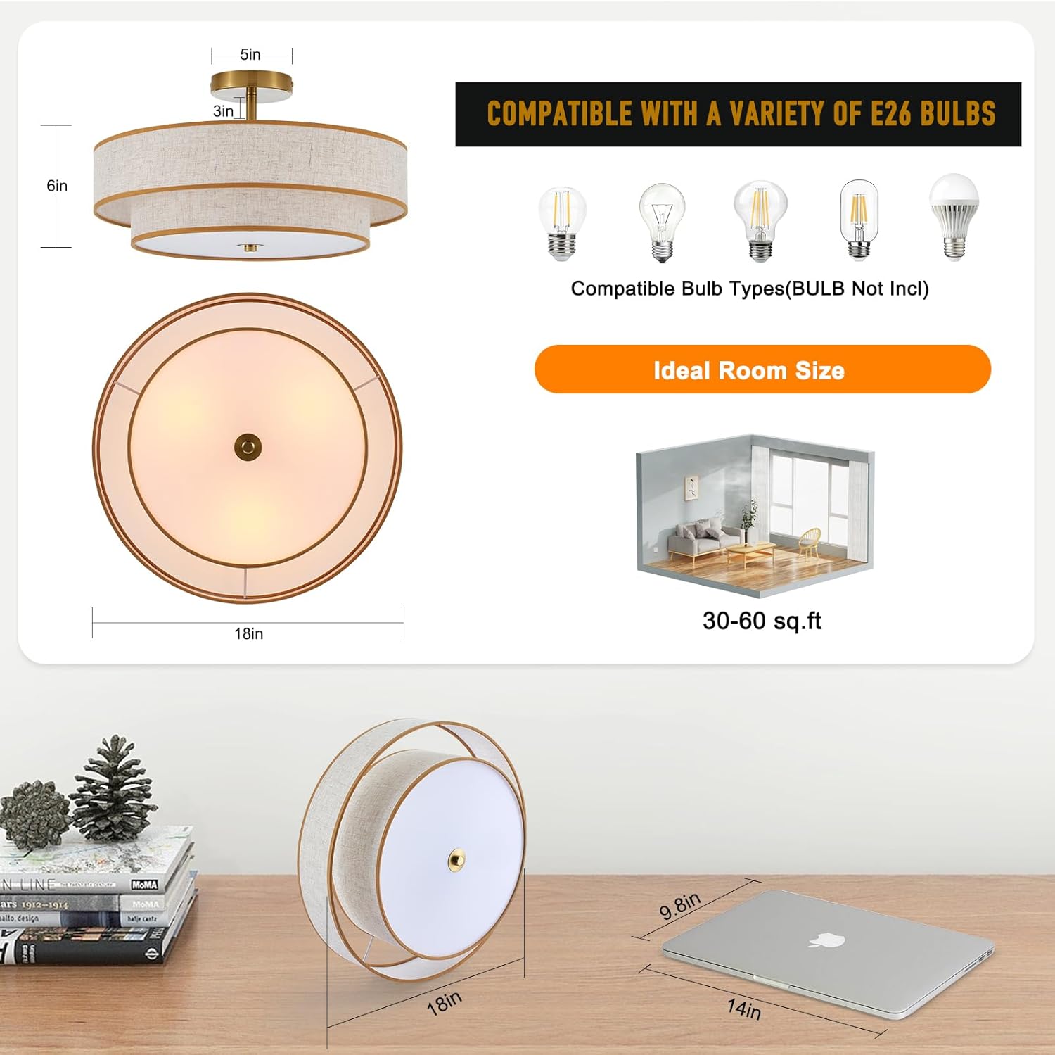 3-Light Drum Semi Flush Mount Ceiling Light, 18" Modern Gold Ceiling Lighting Fixture, Vintage 2-Tier Linen Ceiling Lighting for Living Room, Bedroom, Kitchen, Dining Room, Hallway, Entryway