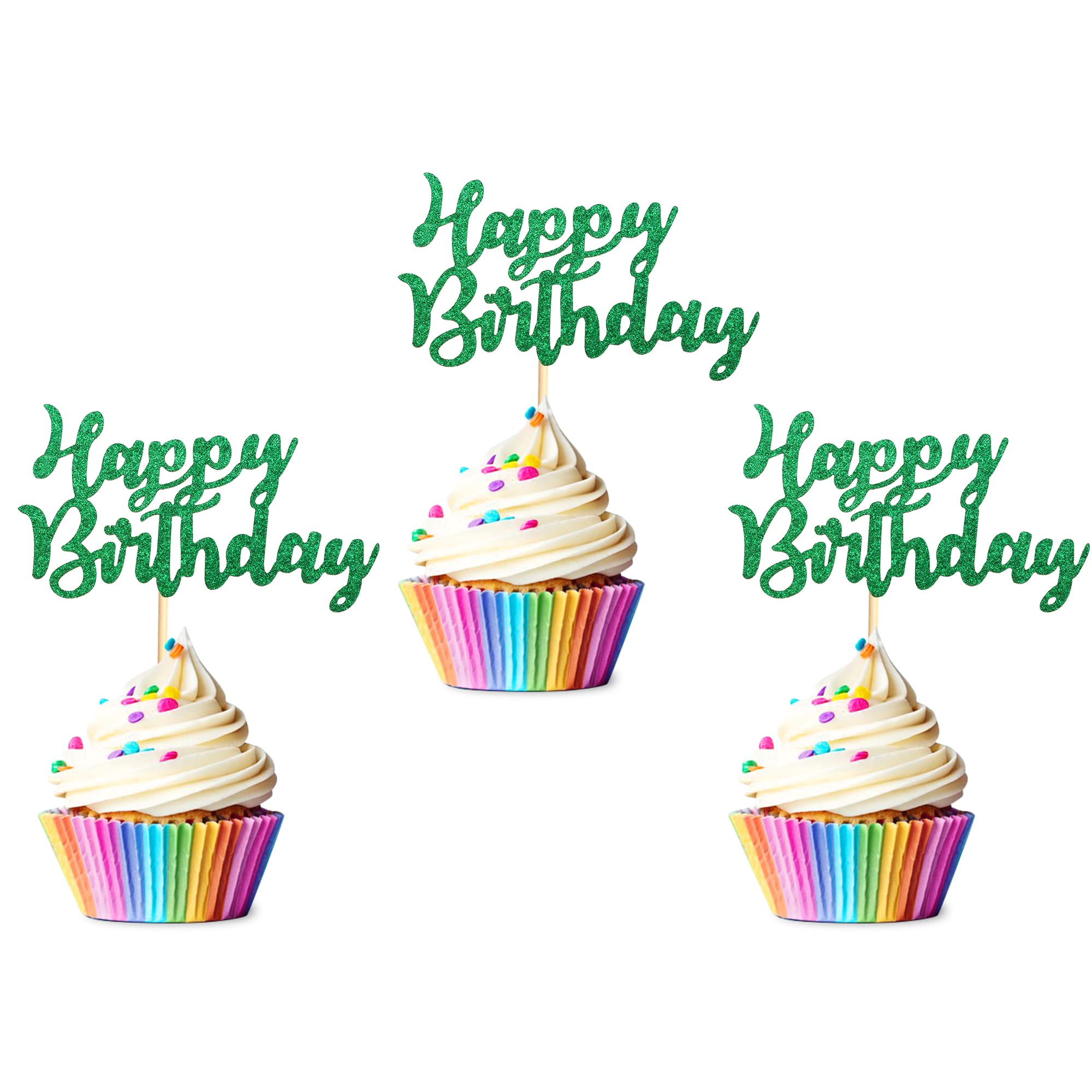 Arthsdite Pack of 48 Pre-Assembled Green Glitter Happy Birthday Cupcake Toppers Cake Food Fruit Picks for Celebrating Birthday Party Decoration Supplies