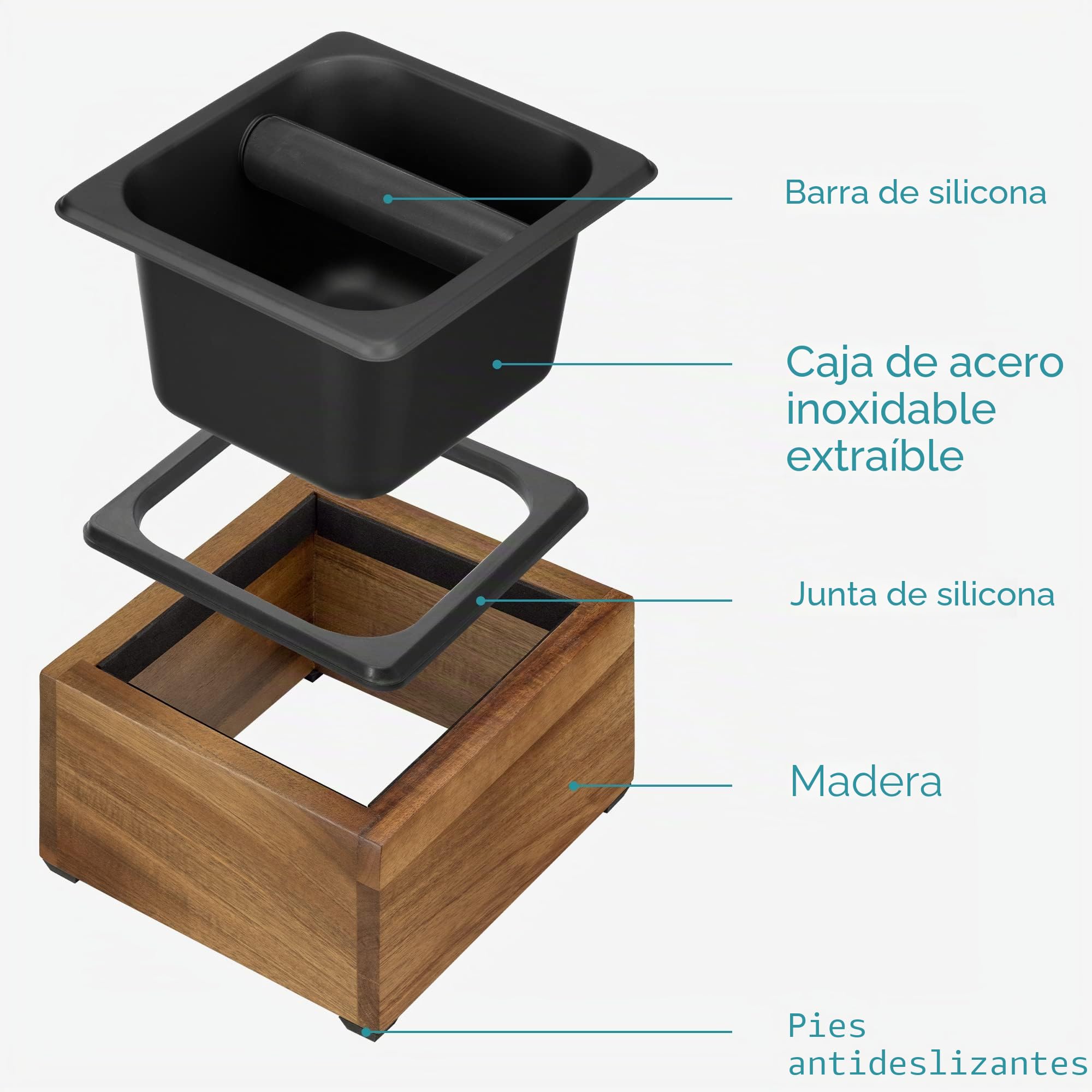 Navaris Recipiente para posos de café - Caja para vaciar portafiltro de cafetera infusiones - Contenedor de cafés Madera y Metal - 18 x 17 x 11 cm
