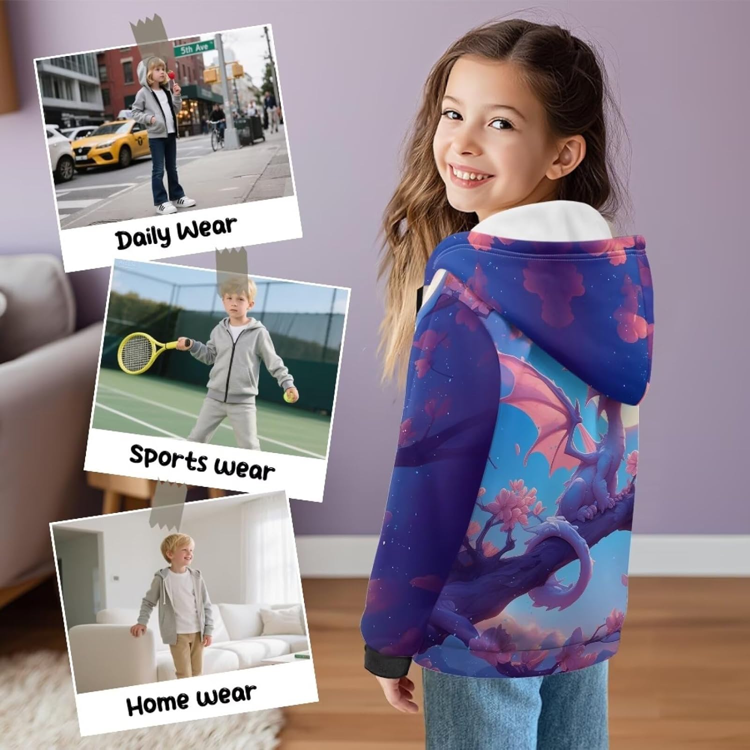 Dragon Zip Up Hoodies for Girls 11-13 Comfortable Girls Hooded Clothes with Pocket Casual Fashion Children's Long Sleeve Sweatshirt Suitable for Daily Wear