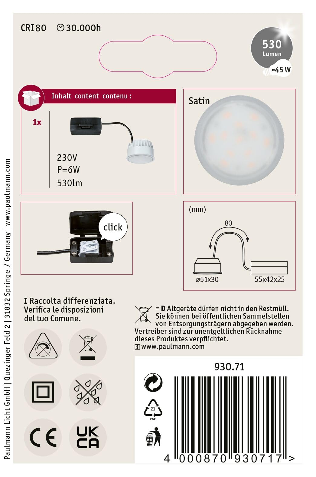 Paulmann 93071 moduł LED oprawy wpuszczanej Nova Coin okrągły 50mm 6W 530lm 230V 4000K Satynowany okrągły spot sufitowy tworzywo sztuczne