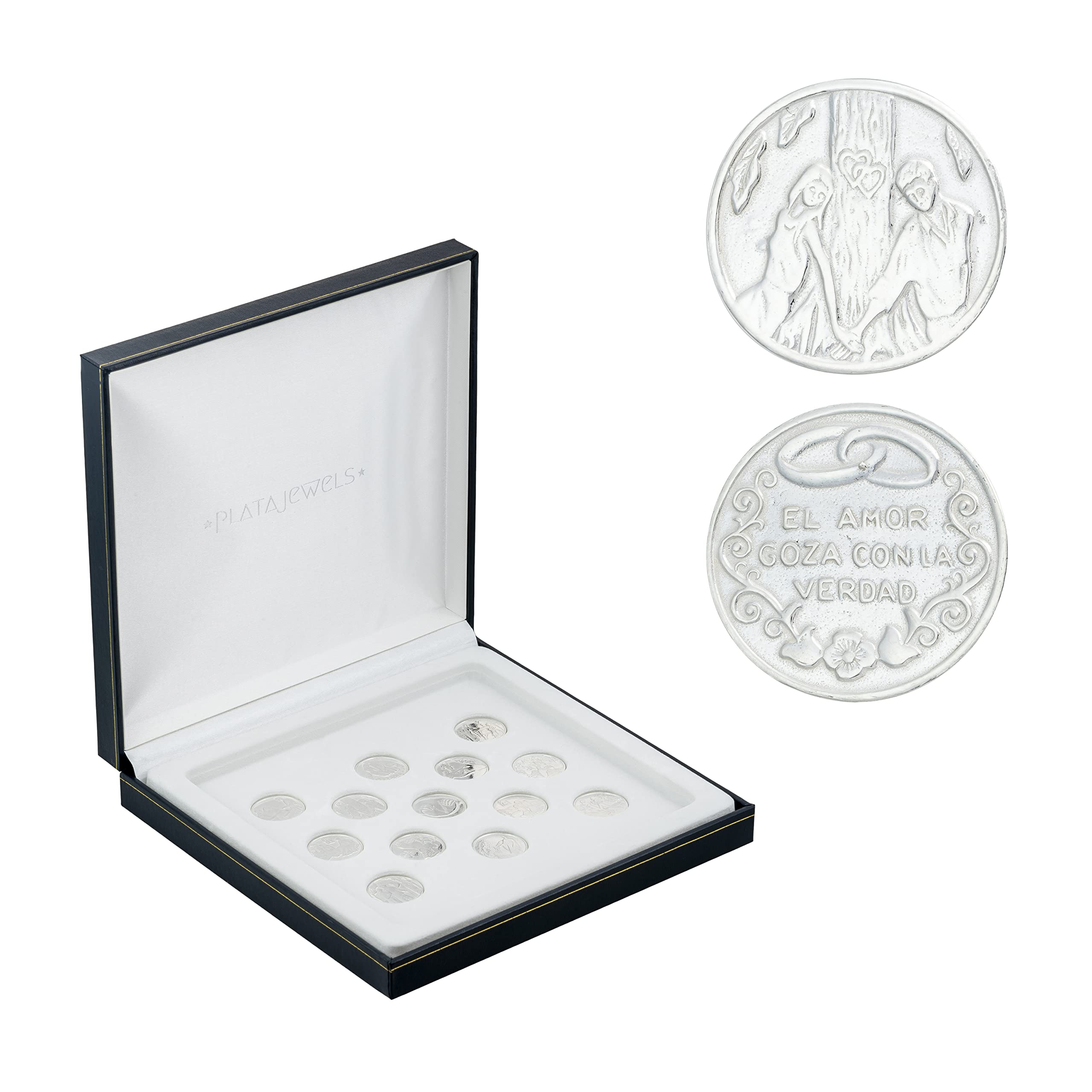 PlataJewels - Arras de Boda Biblicas de Plata de Ley 925. 13 Arras íntegras de Plata. Incluye Caja para guardar. Regalo ideal para Boda Novios.