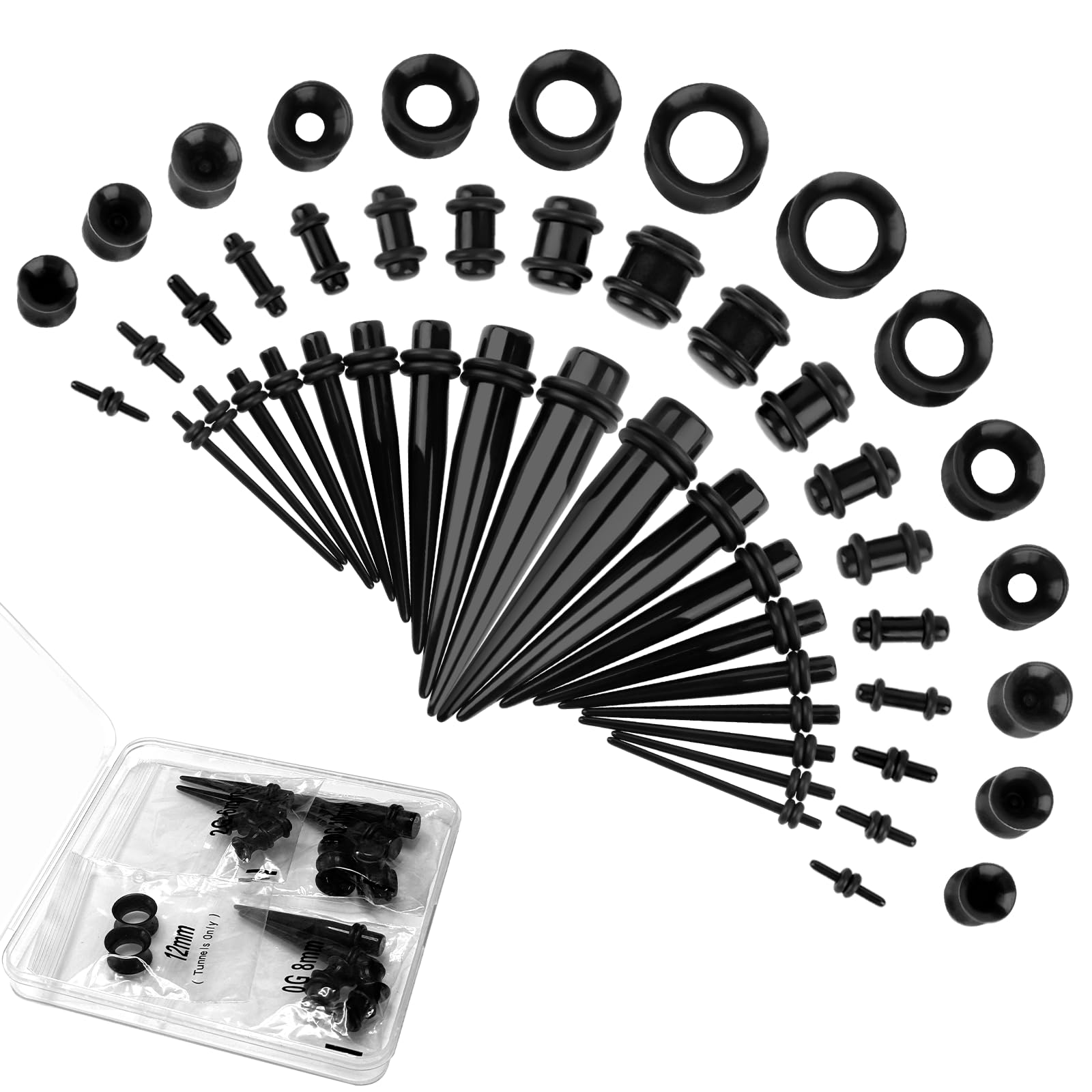 50 Pcs Ear Stretching Kit, Acrylic Gauges for Ears 14G-00G, Lightweight Tapers+ Plugs+ Silicone Tunnels, Gauge Stretching Kit, Piercing Earring Jewelry, for Men, Women, Starter Expanders Black