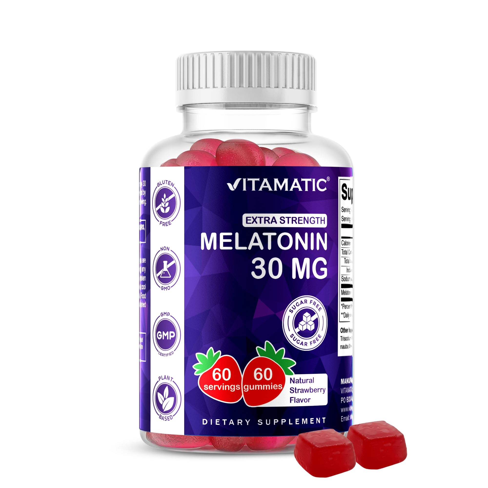 Vitamatic Sugar Free Melatonin 30mg per Gummy - 60 Servings - 60 Vegetarian Gummies - Non-Habit Forming Supplement (60 Count (Pack of 1))
