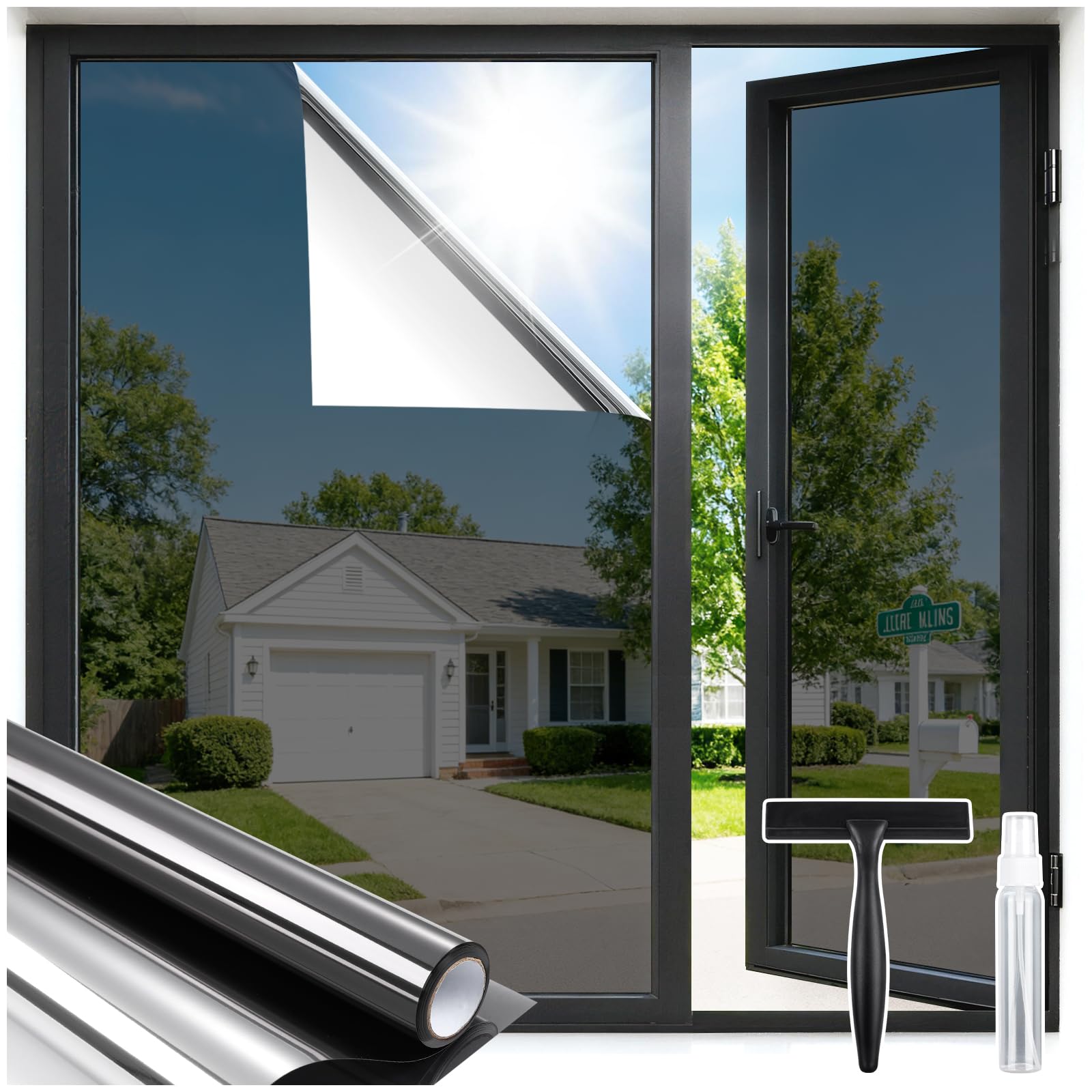rabbitgoo Heat Reflective Window Film Privacy Film for Glass Windows Black Silver 44.5×200cm, One Way Mirror Tint with Tools Static Cling Anti Glare UV, Sun Blocker for Home, Office — image 1