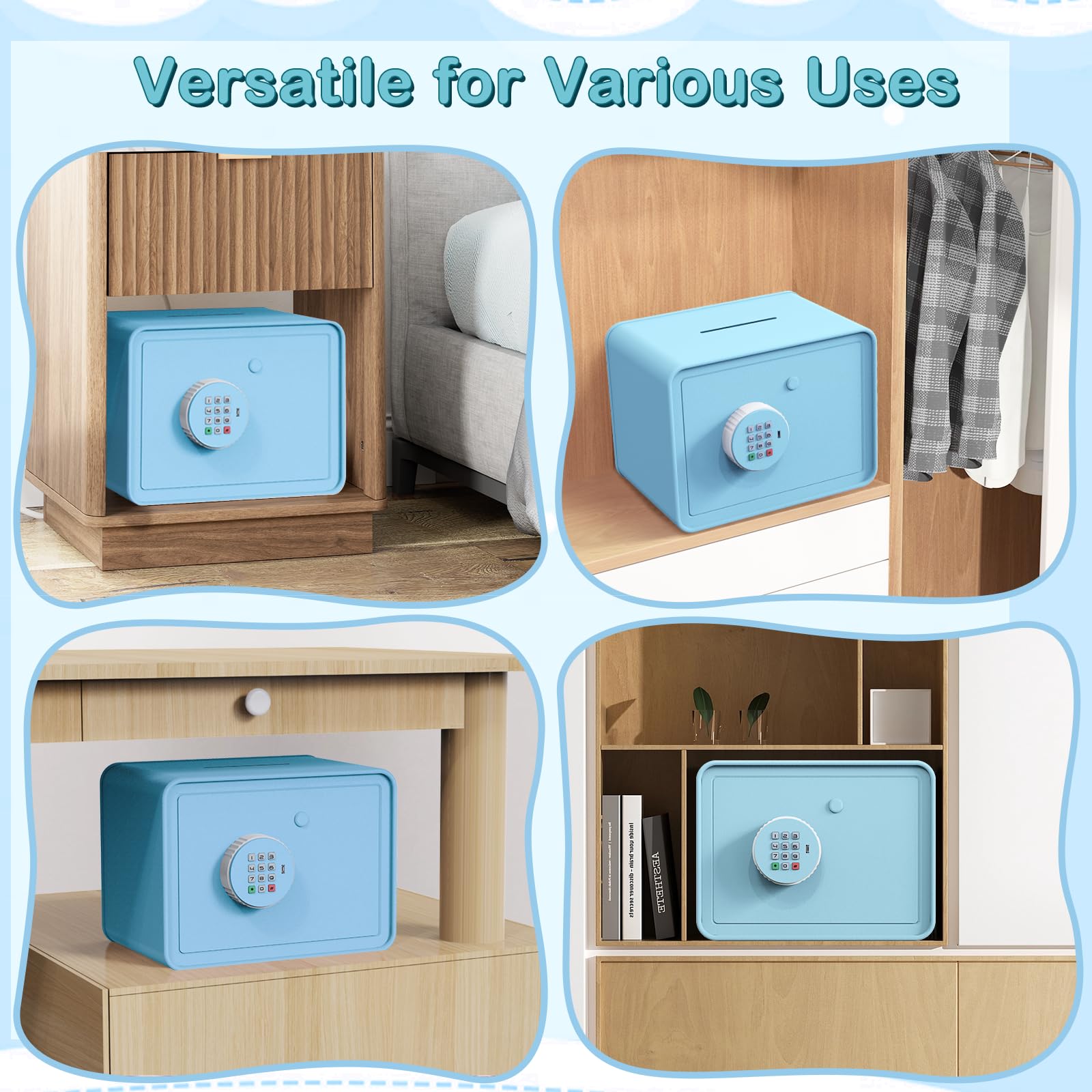 GoldenKey Mini coffre-fort pour enfants – Macaron bleu 17,8 x 23,9 x 16 cm – Coffre-fort avec fente pour pièces de monnaie et billets, clavier et serrure à clé, sauvegarde USB, autocollants de