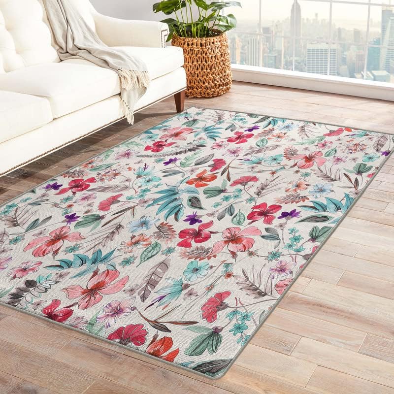 Washable Rugs for Living Room Bedroom, Botanical Rug & Home Decor, Shabby Chic Floral Area Rug 6x9, Non Slip Soft Low Pile Non-Shedding Indoor