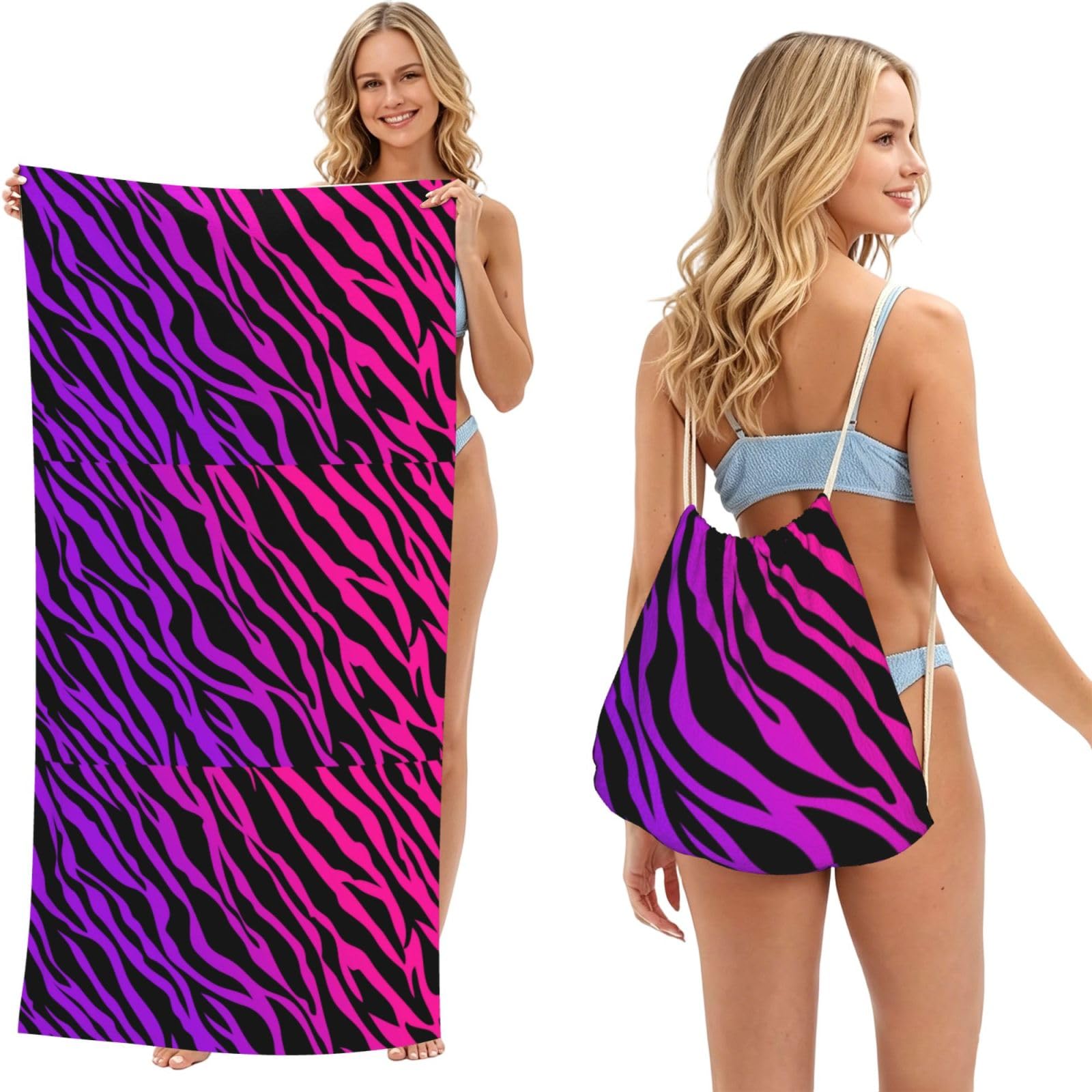 Poadnly As Picture Zebra Print, 2 In 1 Packable Towel Bag, Beach Towels With Drawstring Backpack For Travel Holiday Camping
