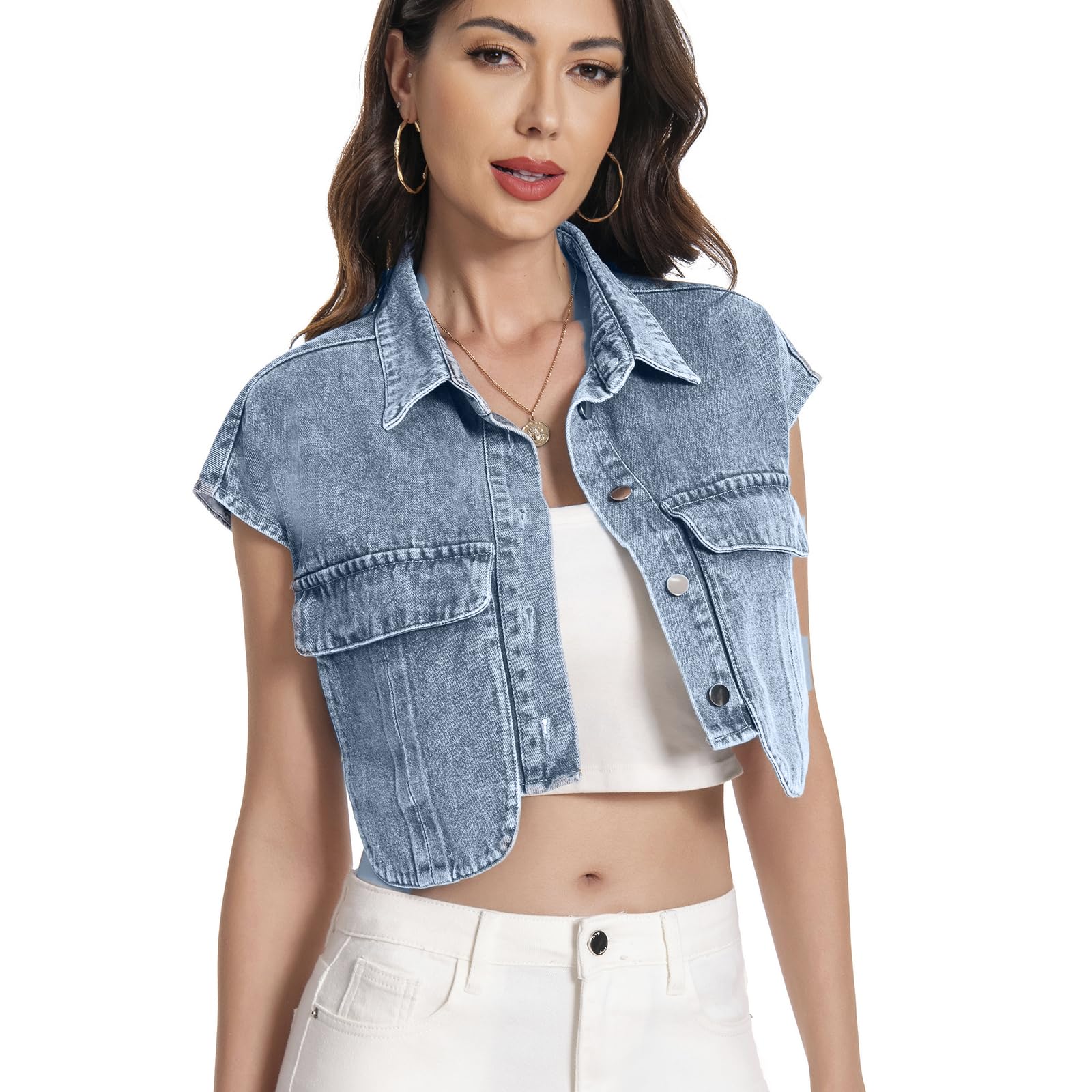 VOHOTO Women Cropped Denim Shirt Summer Jean Stylish Button Down Collared Cute Sleeveless Top with Pockets