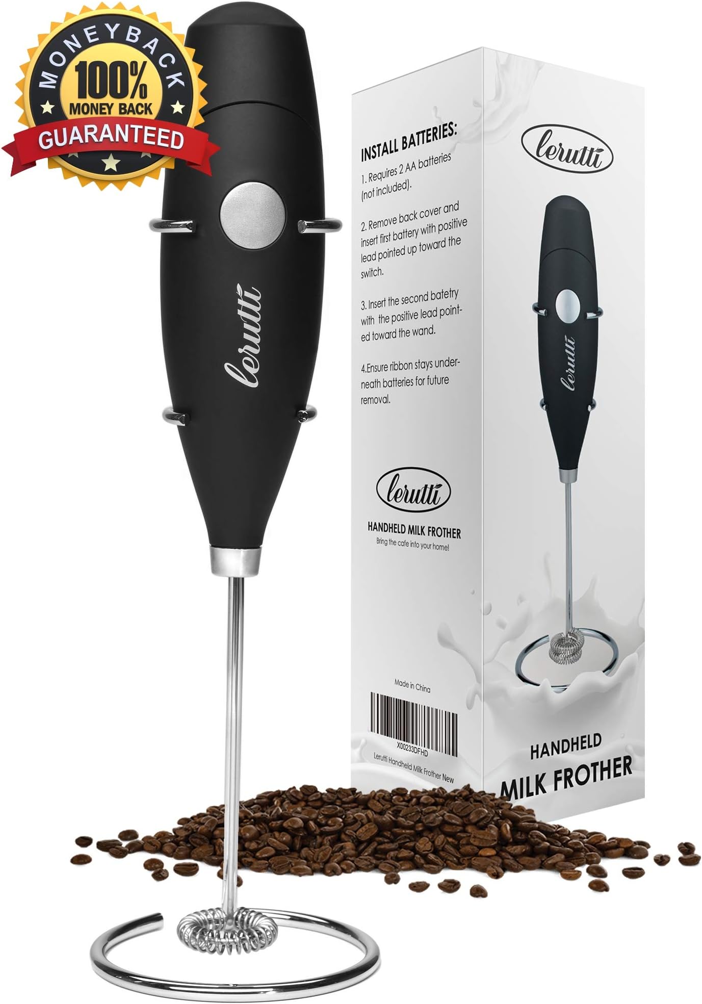 Lerutti Handheld Milk Frother - Electric Milk Frother and Foam Maker for Latte, Bulletproof Coffee, Cappuccino, Frappe, Matcha, Hot Chocolate - Automatic Milk Foamer and Wand Drink Mixer with Stand