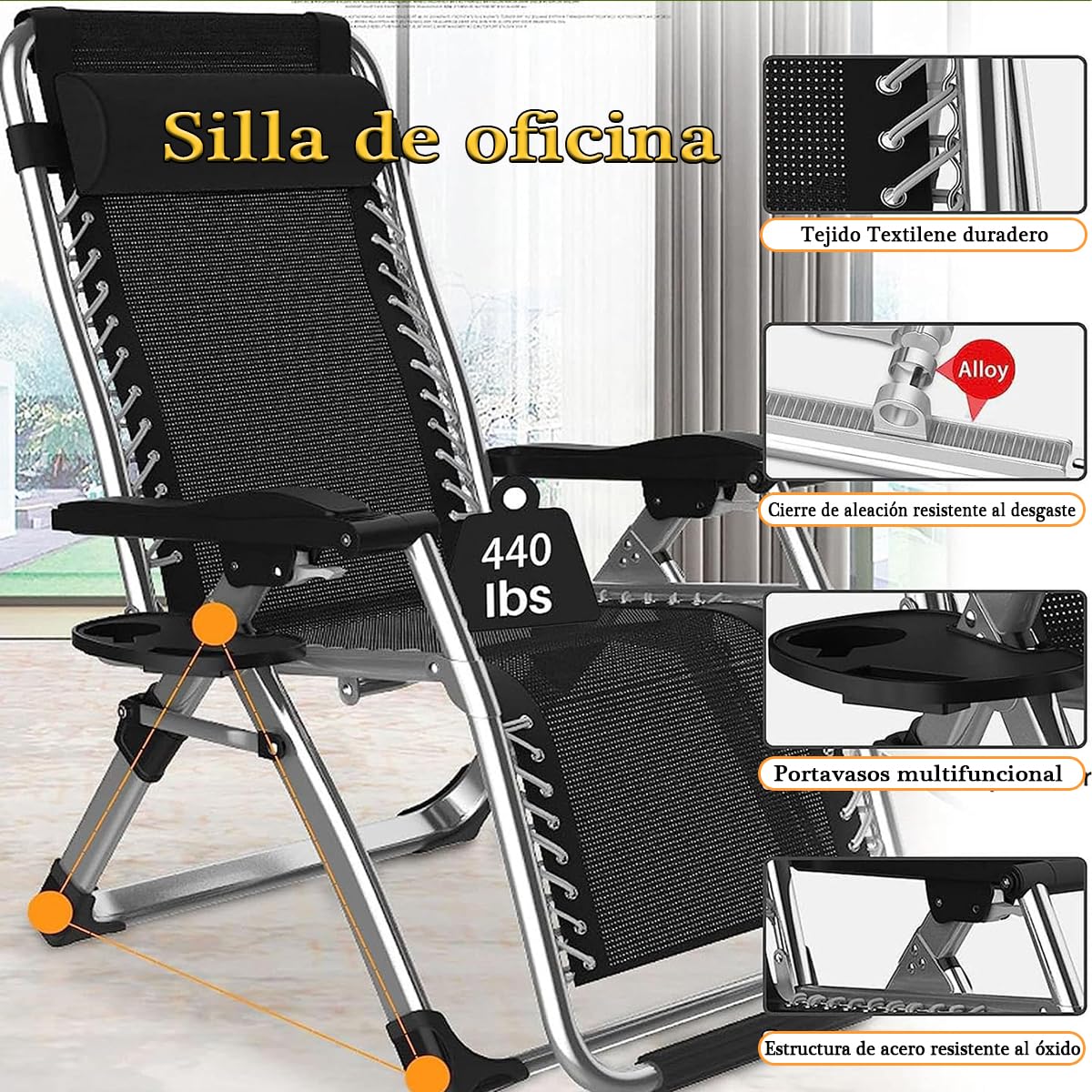 Tumbona Plegable Interior, Tumbonas Jardin Exterior Acolchada Pack de 2 Silla Gravedad Cero Reclinable Camping con Soporte para Bebidas Carga MáXima 200kg (Cojín Negro)