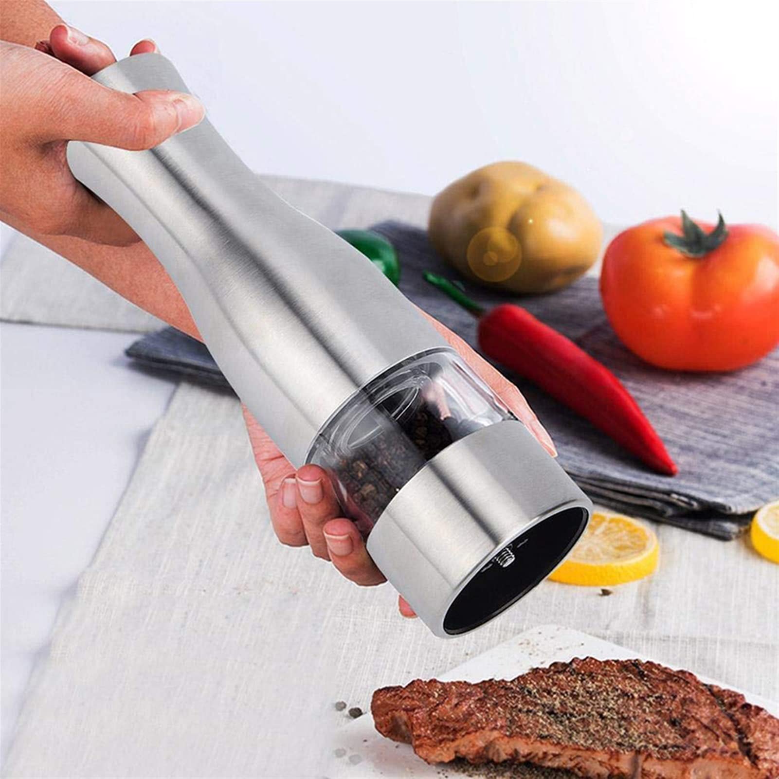 Młynki do Pieprzu Elektryczny młyn pieprzu ze stali nierdzewnej sól i szlifierka pieprzowa regulowana ceramiczna DOPROWADZIŁO Lekka kuchnia Automatyczny Młyn Spice Spice Grinder