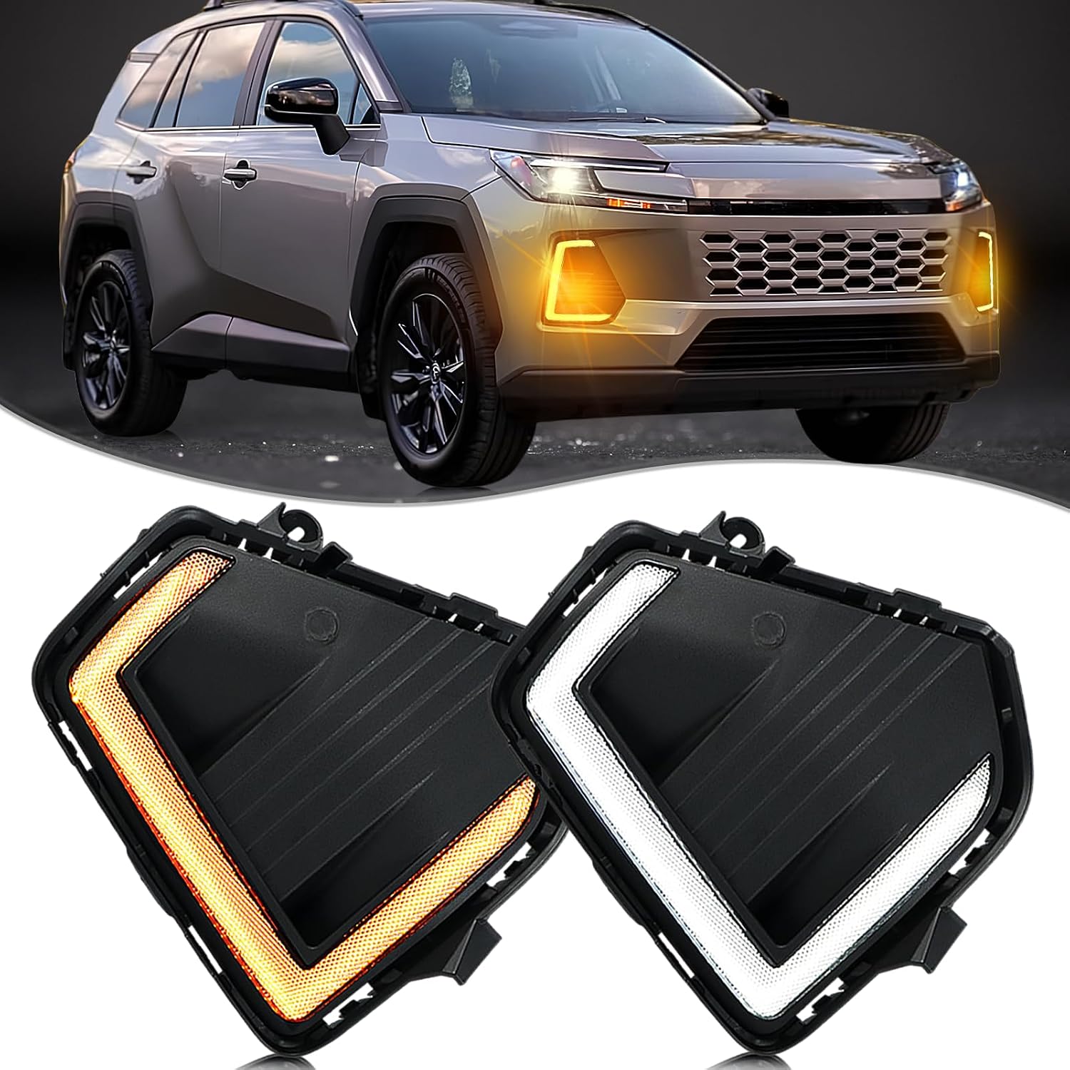 LED Front Bumper Fog Lights Kit for 2026 Toyota RAV4 LE SE XLE XSE Premium, Switchback White DRL & Amber Sequential Turn Signal Indicator, Side Marker Corner Blinker Lamp Assembly (Pair)