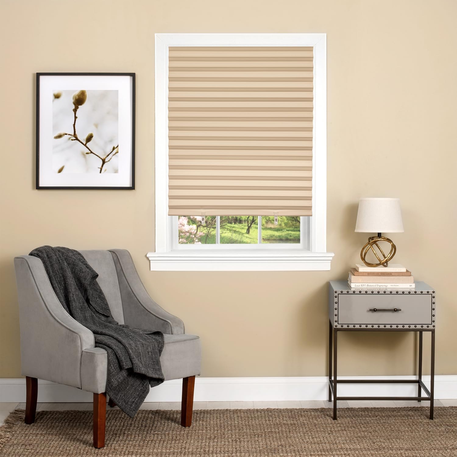 HomeStock Tribal Treasures Cordless Vinyl Room Darkening Pleated Shade - 48"x75", Latte - Peel & Stick with Adjustable Clips