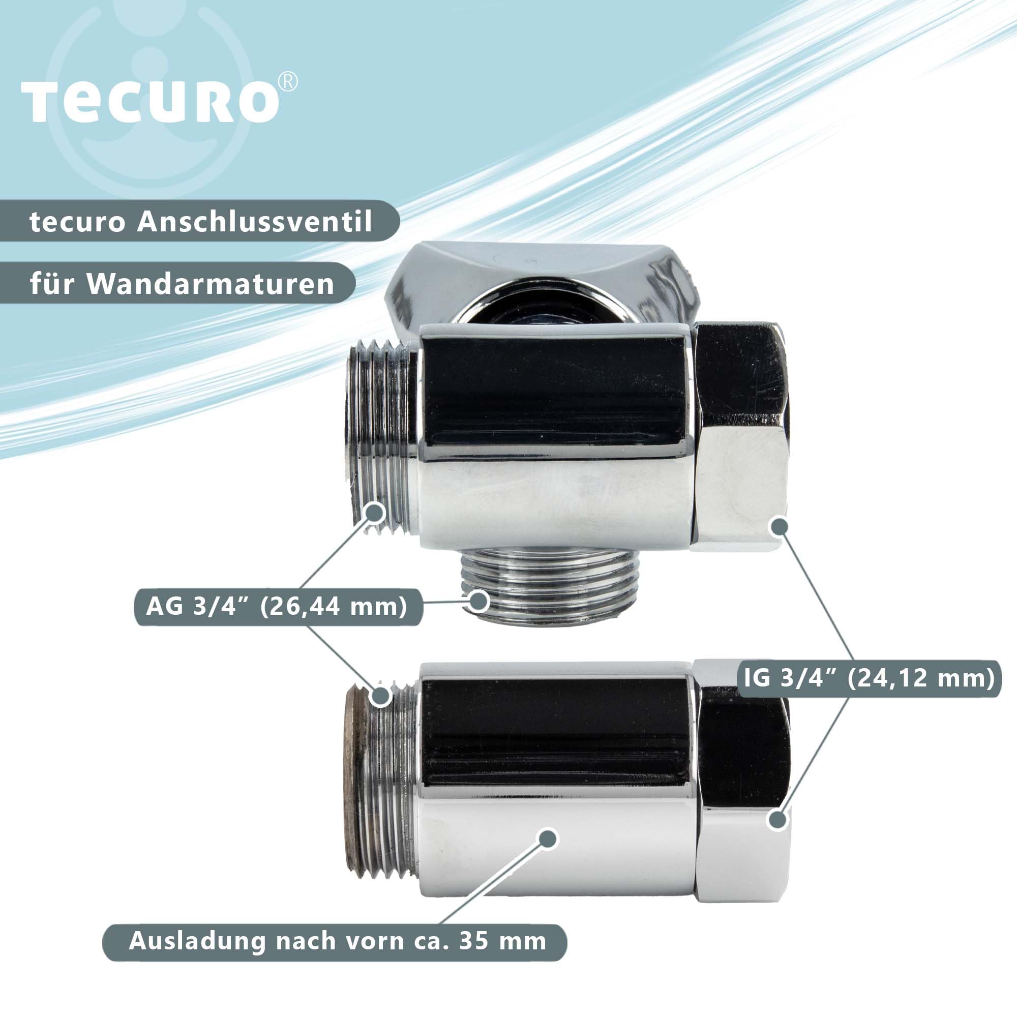 tecuro Batterie- Geräteventil, Anschlussventil für Wandarmaturen, Abgang Warmwasser Wandanschluss & Abgang 3/4 Zoll Oberfläche poliert verchromt