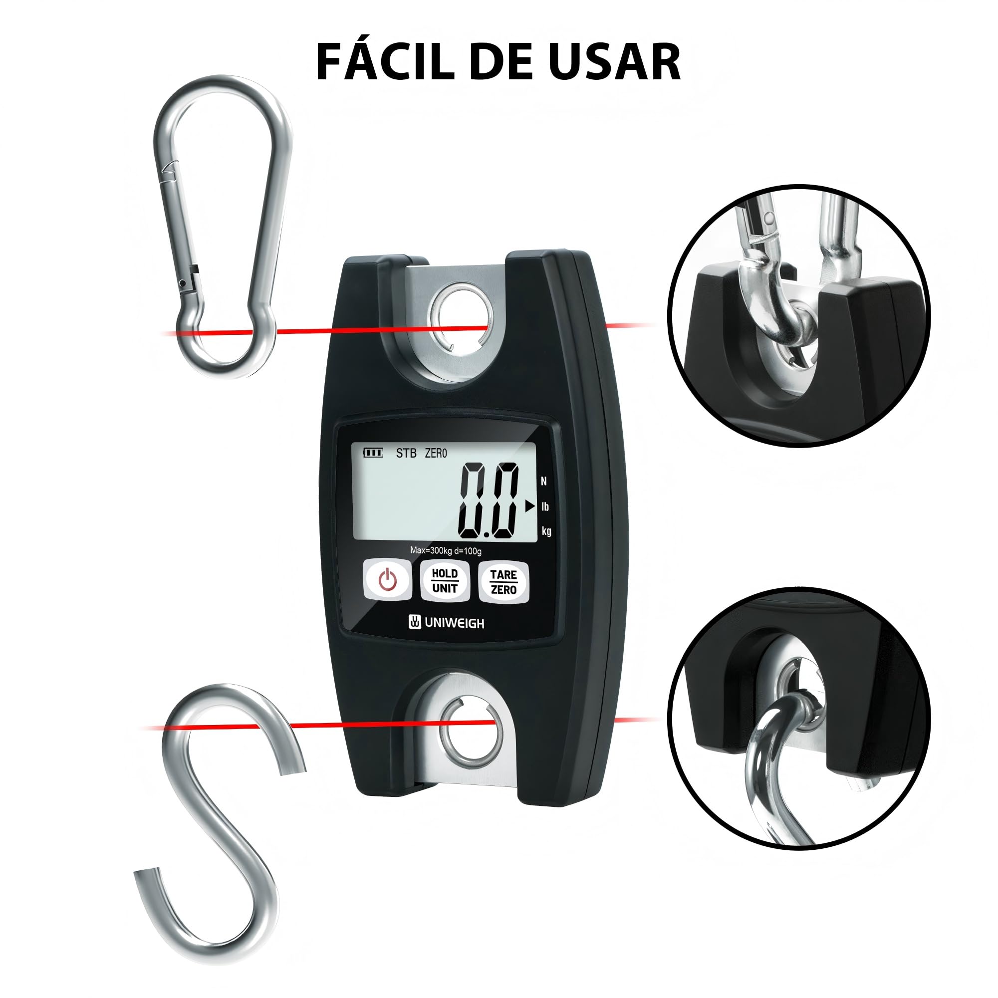 UNIWEIGH Báscula Colgante Digital 660lb/300kg, Bascula Industriales con Ganchos,Básculas de Equipaje con LCD/Funciones de Retención/Tara para Pesaje,Granja Caza,Pesca al Aire Libre,Maletas(Negro)