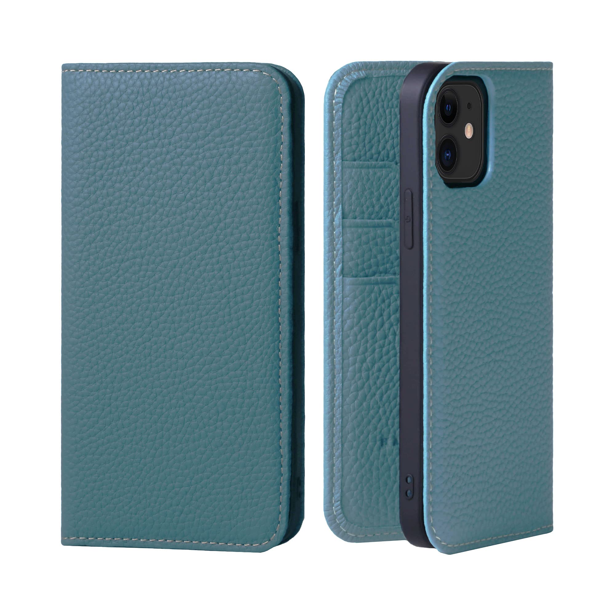 hanatora Japan - Leather Wallet Case for iPhone12 / iPhone12 Pro in Genuine Calfskin - Flip Cover Card Holder Slots [ Compatible with magsafe ] Diary Smartphone Case for Men Women PH-12Pro-Cyan