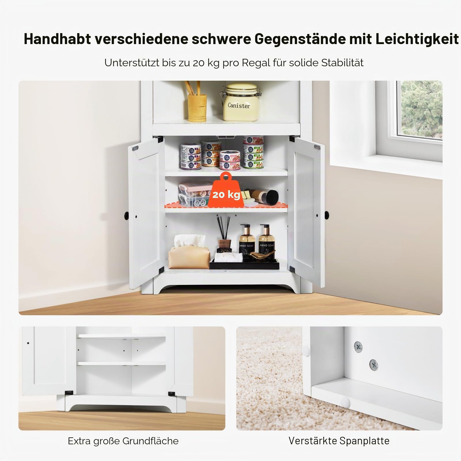 VEVOR Eckschrank Aufbewahrungsschrank mit 3-stufiger Regalen Mehrzweckschrank (845 mm Hohe) mit 2 Holztüren und verstellbaren Regalen, freistehender Küchenschrank für Wohnzimmer Waschküche, weiß