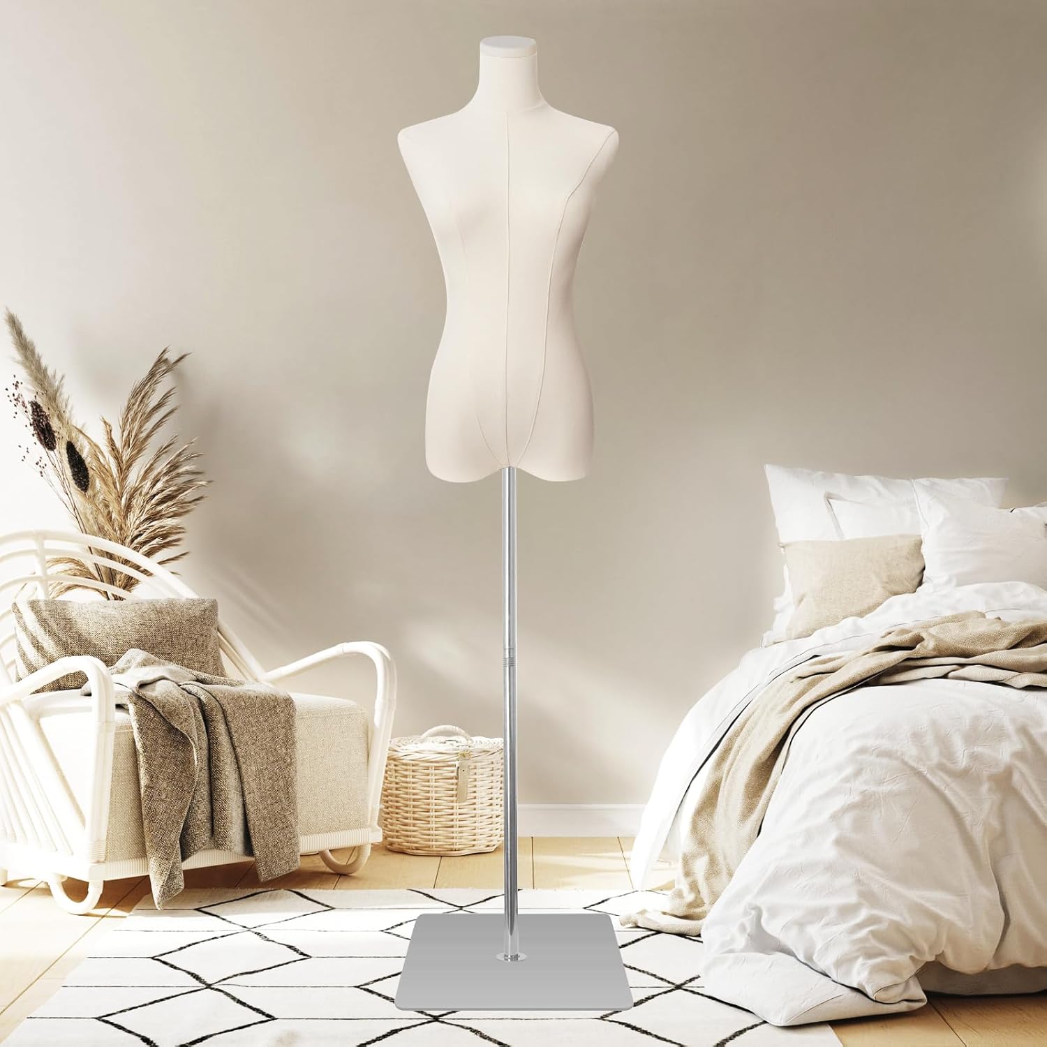 Dress Form Mannequin for Sewing Female Black Linen Fabric Manikin Torso with Detachable Adjustable Height 50”-70” High stability Metal Stand Slim Body Size 2 (Beige Linen Fabric-Silvery base)