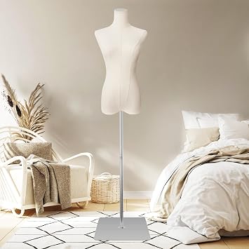 Dress Form Mannequin for Sewing Female Black Linen Fabric Manikin Torso with Detachable Adjustable Height 50-70 High stability Metal Stand Slim Body Size 2 Beige Linen Fabric-Silvery base