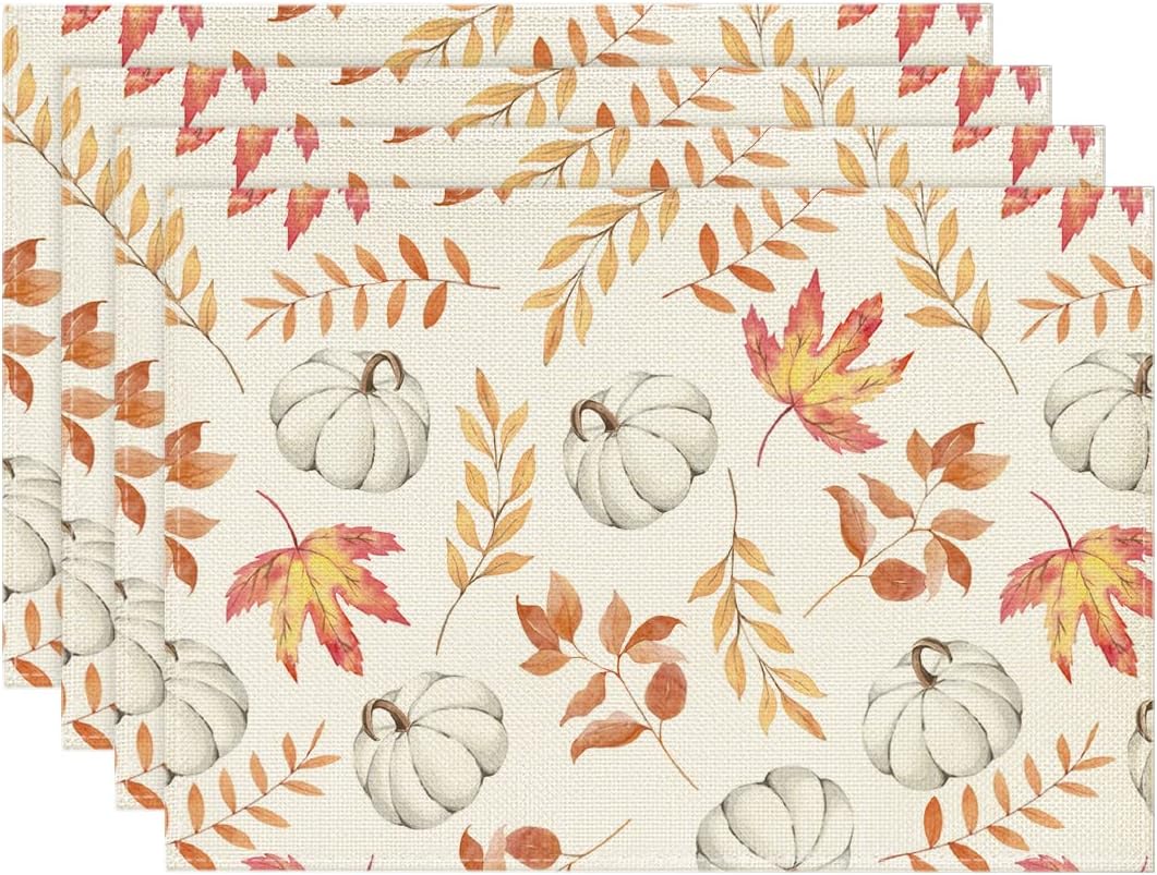 Fall Floral Placemats Set Of 4 - 12x18 Inch Autumn Harvest Burlap Table Mats For Thanksgiving Decor
