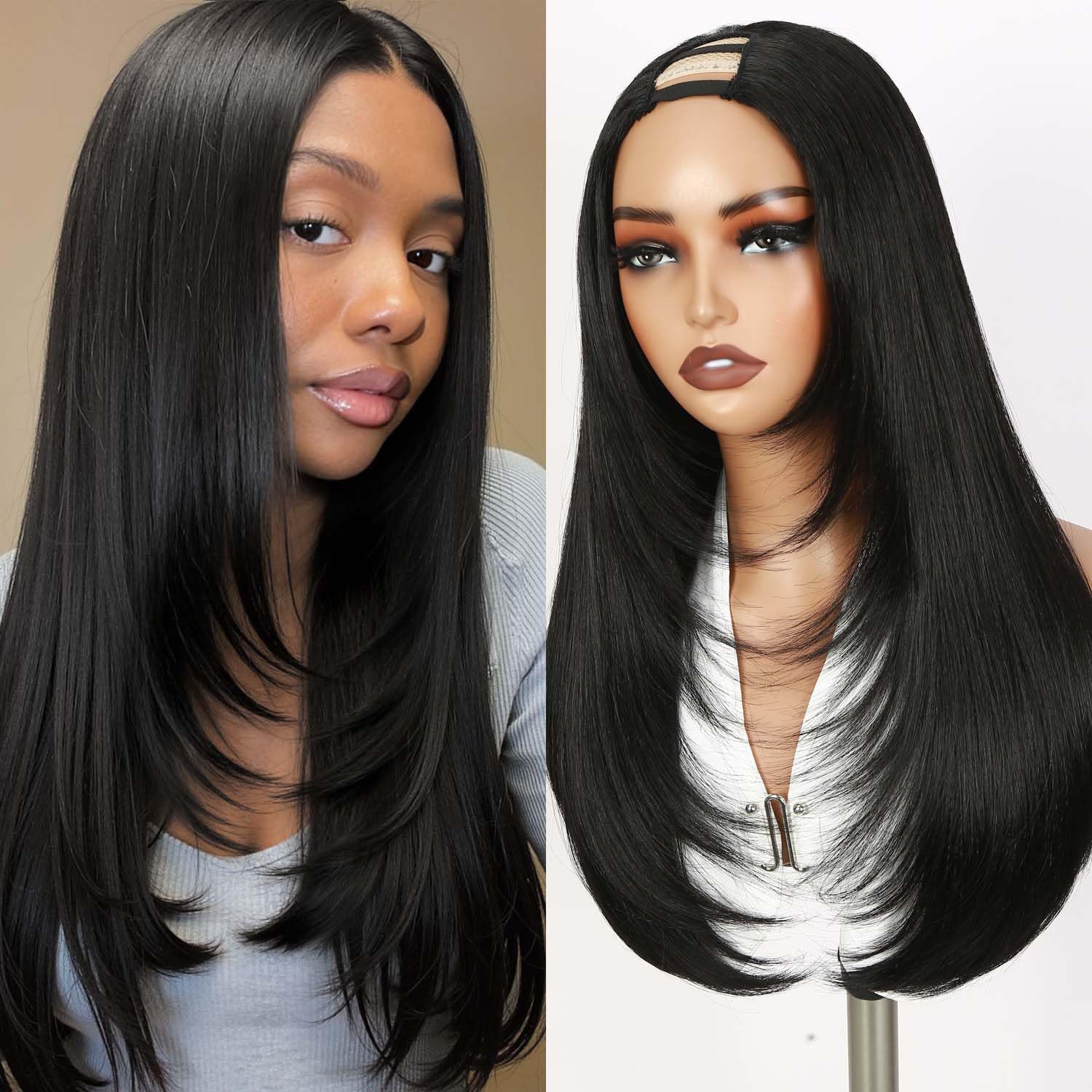 Long Straight U Part Wigs for Women V Part Wig Yaki Straight Black Half Wig