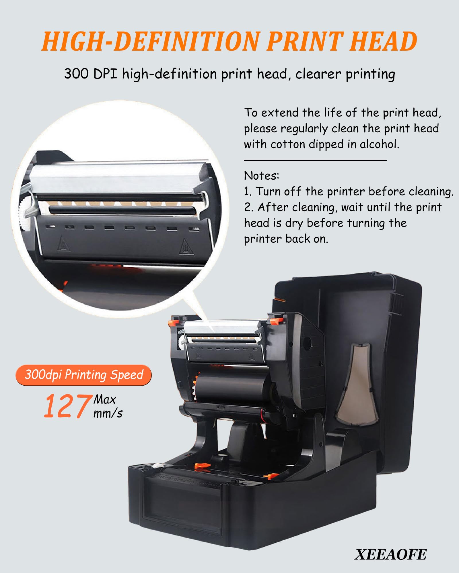 Drukarka Etykiet Wysyłkowych - 300 DPI | Prędkość Druku 127mm/s | Szerokość Druku 15-108mm (0.6-4.3 cala), Drukarka Etykiet do Paczek Wysyłkowych i Małych Firm NoCutter