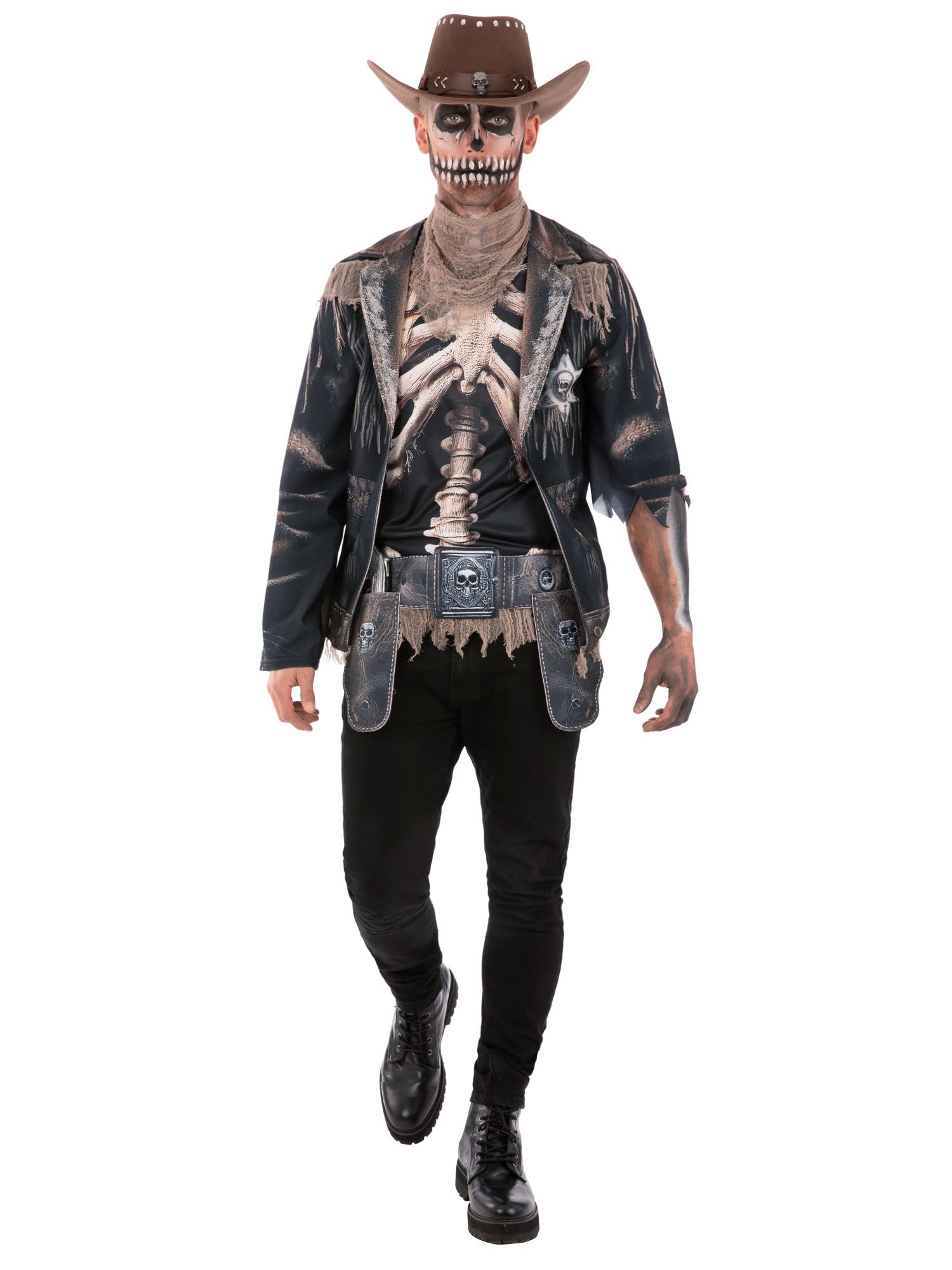 Smiffys Men’s Skeleton Cowboy Costume with Top Neckerchief and Holster Belt Halloween Fancy Dress Wild West Horror Outfit, Large
