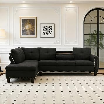Dark Gray Sectional Sofa Couch with Storage Ottoman and Cup Holder Tray, Linen Fabric L-Shaped Couch with Silver Rivets, Reversible Chaise Lounge Set with Flip-Top Storage S+C