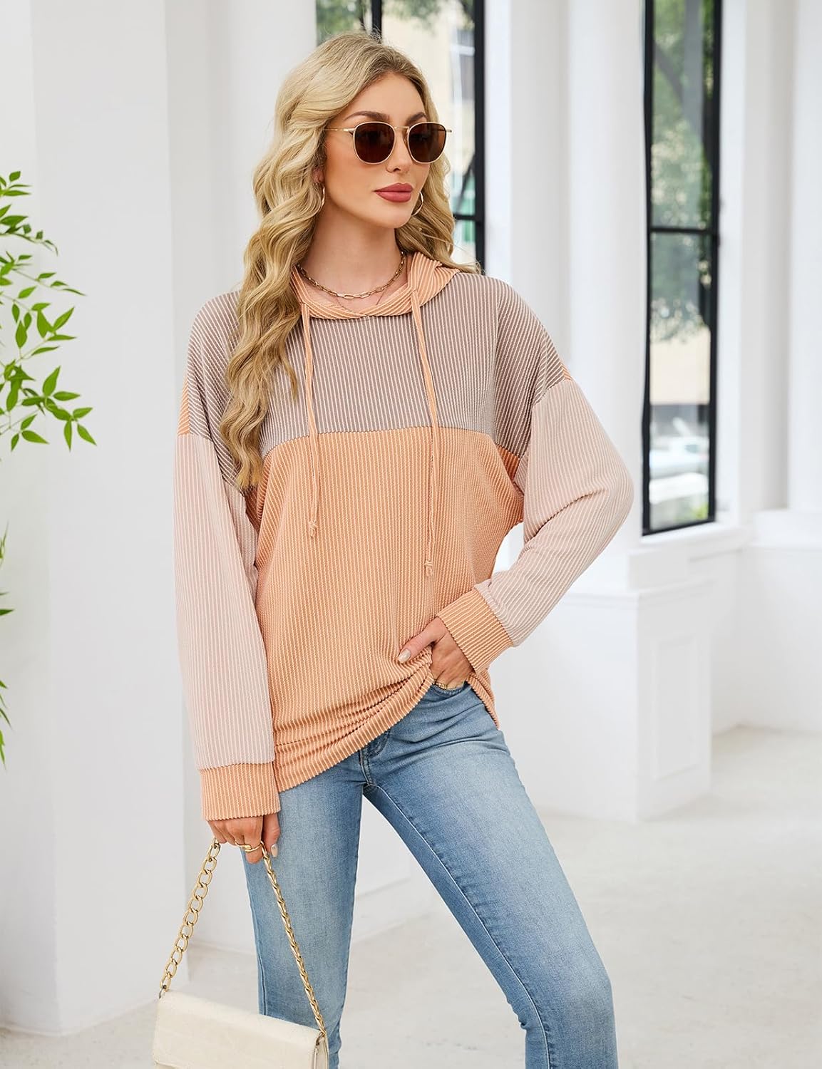 Women Color Block Oversized Hoodies Sweatshirt Casual Long Sleeve Hoodies Drawstring Sweatshirt Pullover - Image 3