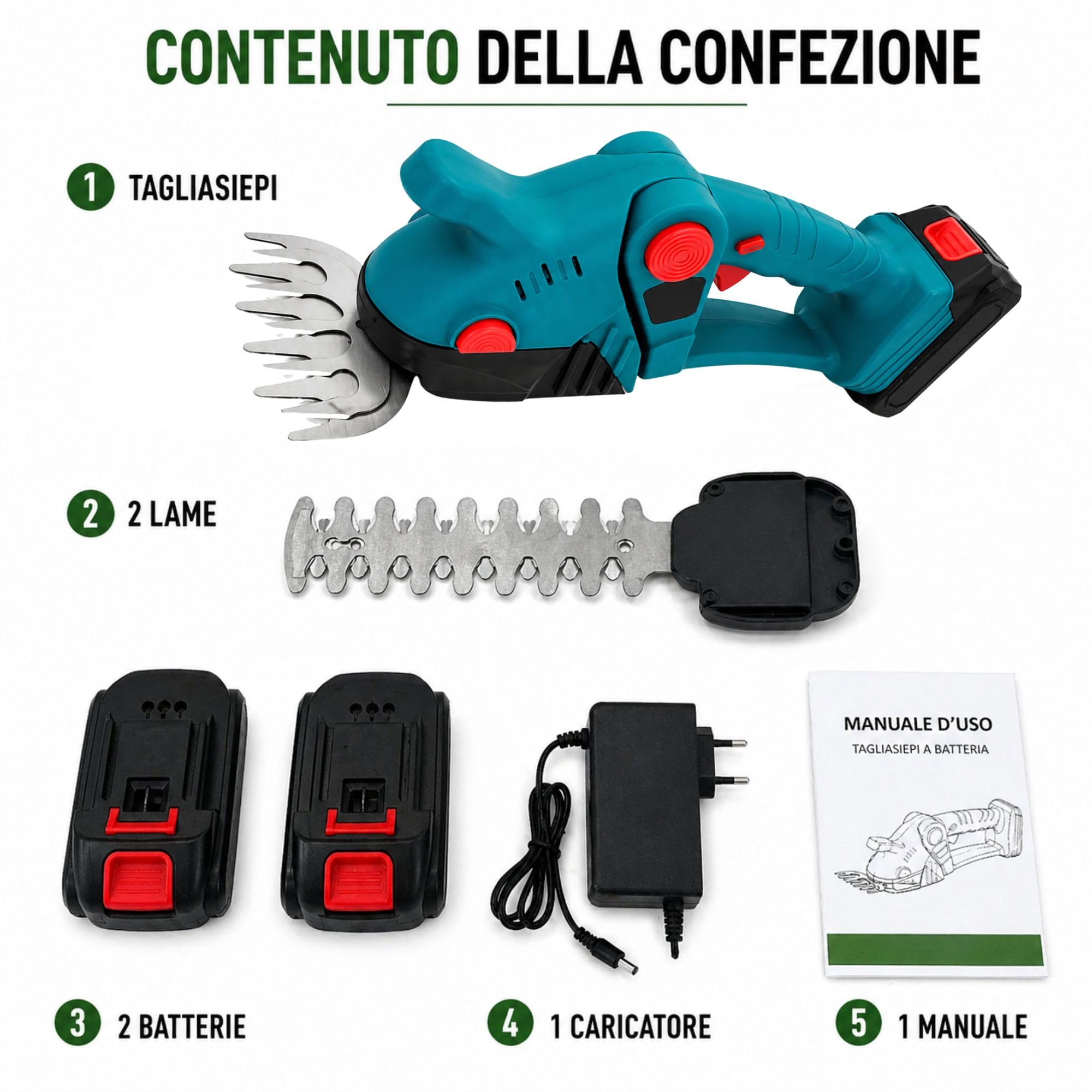 Tagliasiepi a Batteria 48V Senza Fili, 2 Batterie Incluse | 2 Lame Intercambiabili 23cm + 15cm, Taglio Preciso per Siepi Cespugli e Piccoli Rami, Leggero e Potente