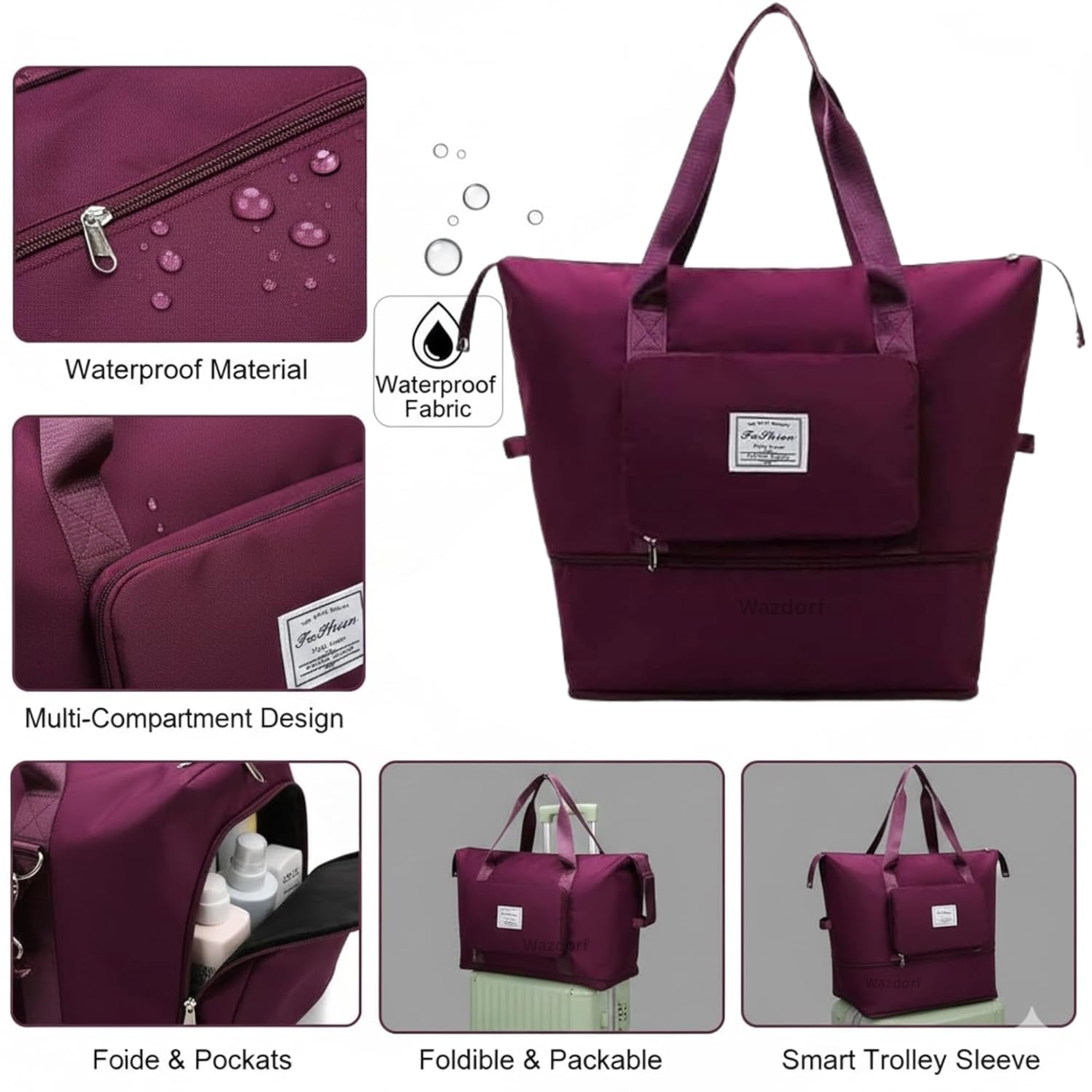 Wazdorf Nylon 41 Liter Expandable Travel Bags for Women, Duffle Bags for Women Luggage, Foldable Vanity Traveling Bag, Waterproof Hand Bag for Ladies Personal Items