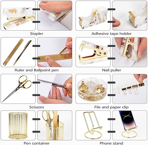 Miniatura 2 de Suministros de accesorios de escritorio de oficina, juego de 13 piezas de decoración de escritorio de mármol dorado para mujer, bonito kit de