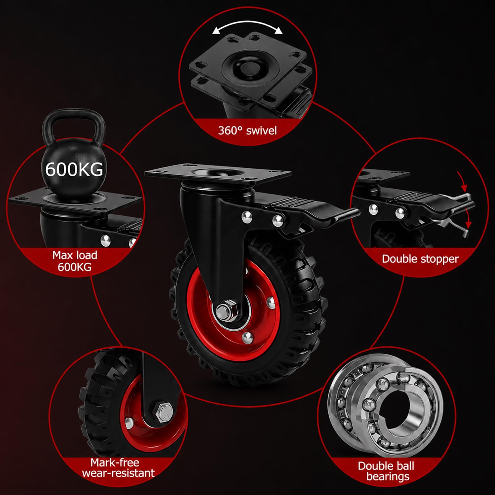 Ruote per carichi pesanti da 125 mm con freno, 4 ruote girevoli con profilo antiscivolo, portata 600 kg, ruote per mobili, ruote industriali in gomma piena, rotazione a 360°, per medicina e