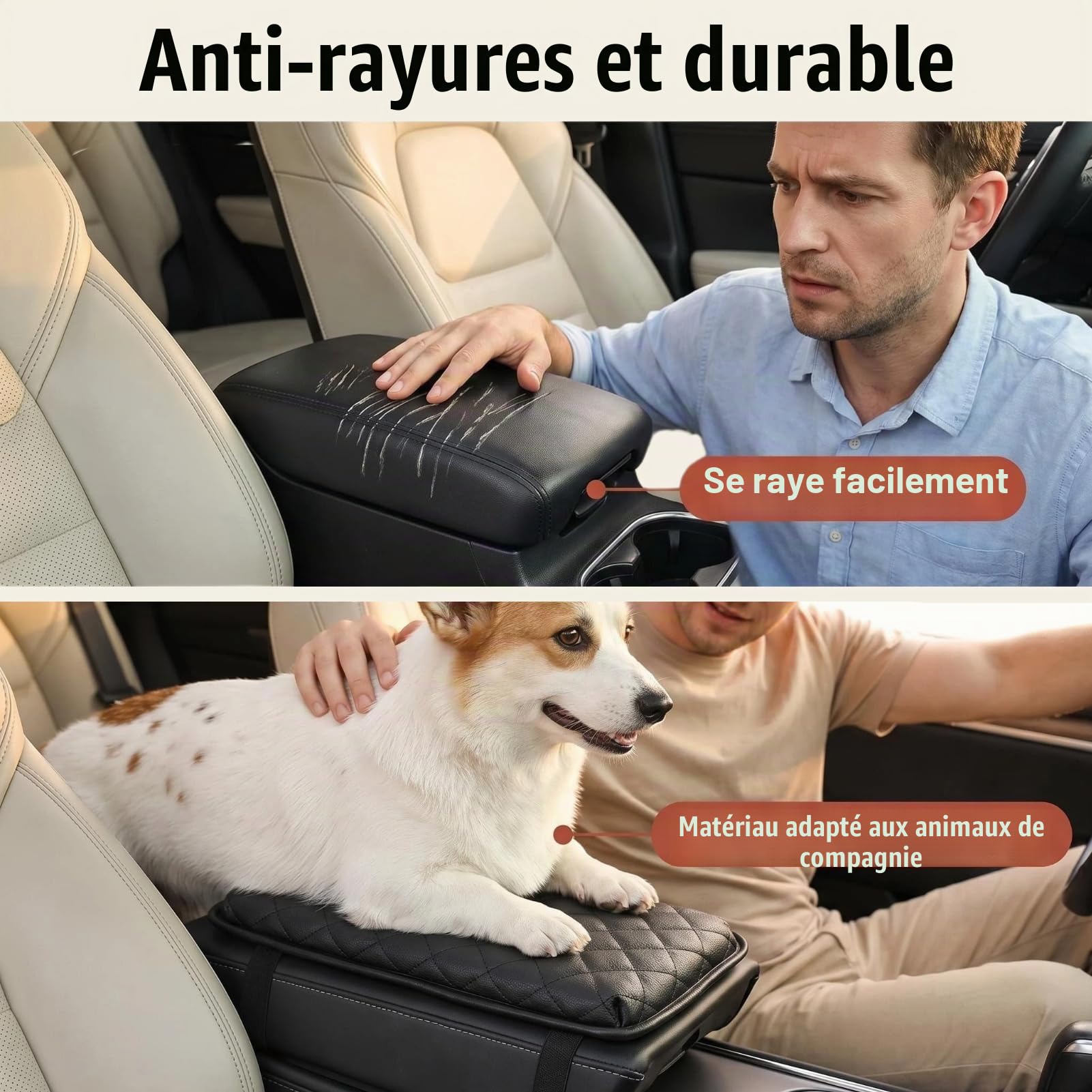 Coussin Accoudoir Voiture Amélioré avec Housse de Console Centrale Voiture en Cuir Noir,Accessoire Universel avec Poches de Rangement, Confort et Praticité pour Voitures Hauteur Augmentée de 1,5cm