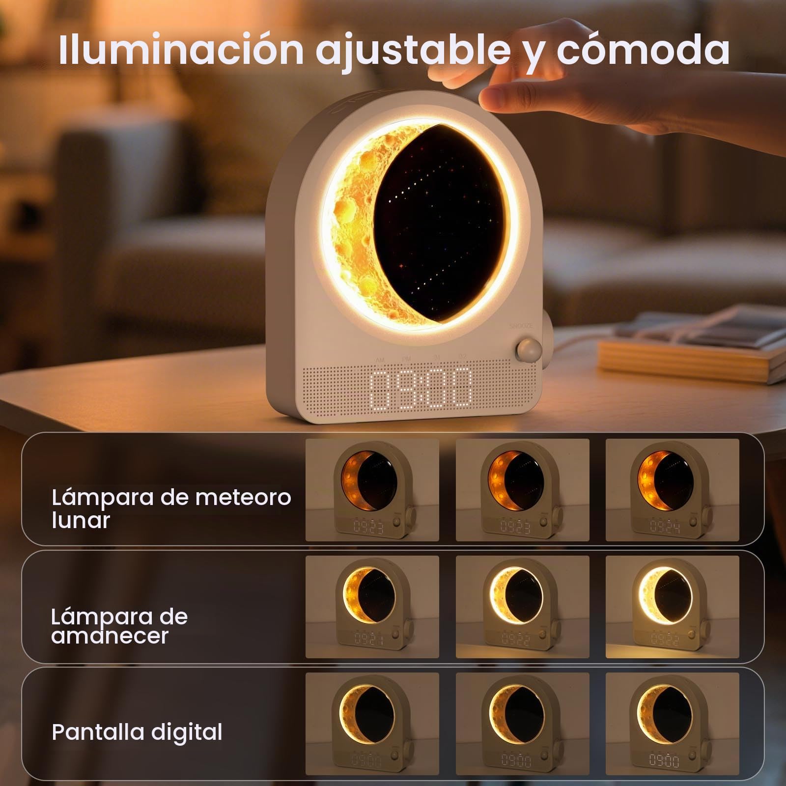 Despertador Sunrise Light, 10 sonidos blancos y función de cuenta atrás, luz lunar y meteorito con brillo ajustable - Blanco