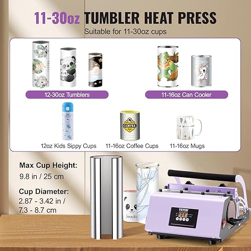 Vista 47 de VEVOR Prensa de calor 5 en 1, máquina de prensa de calor de 15 x 15 pulgadas con prensa de vaso, rotación de 360°, control digital oscilante