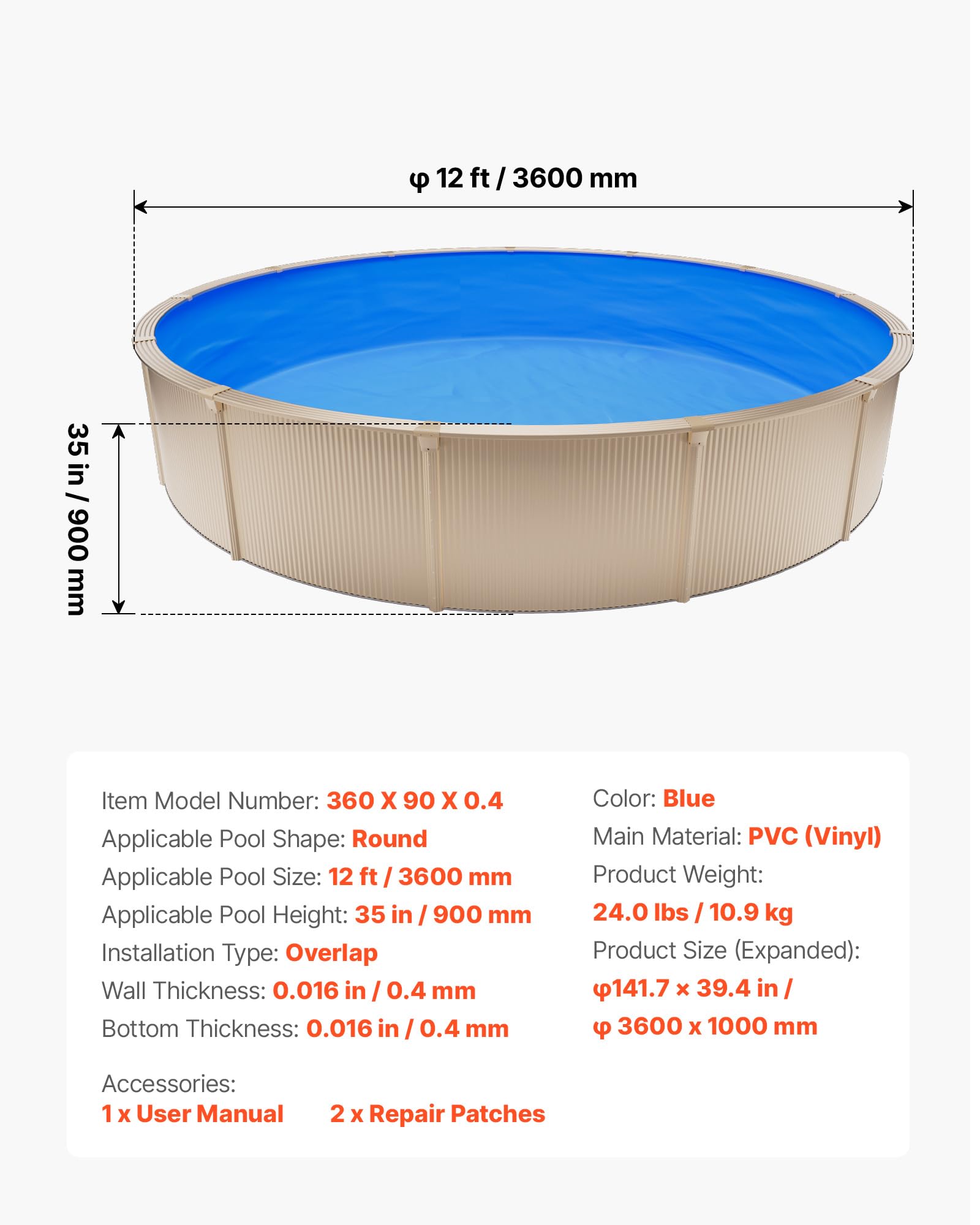VEVOR Poolinnenfolie 3,6 m, Poolfolie für 90 cm Wandhöhe, Ersatzfolie aus PVC, Innenhülle 0,4 mm Stärke, Schwimmbadfolie Überlappend, Austauschfolie, Geeignet für Oberirdische Pools, Blau