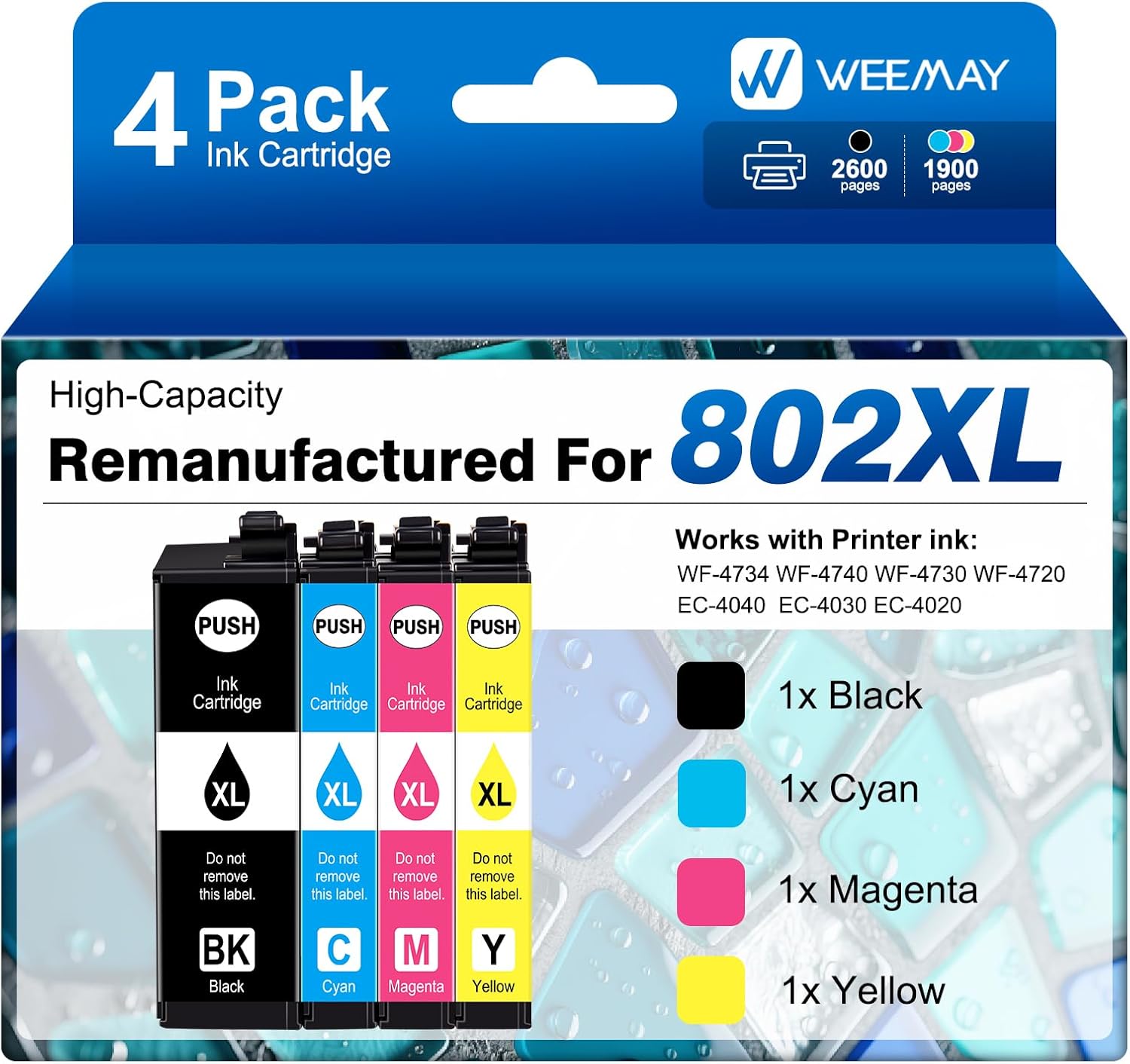 Weemay Remanufactured Ink Cartridges Replacement for Epson 802XL Ink Cartridges Combo Pack Works with Workforce Pro WF-4734 WF-4720 WF-4730 WF-4740 EC-4020 (1 Black, 1 Cyan, 1 Mangenta, 1 Yellow)