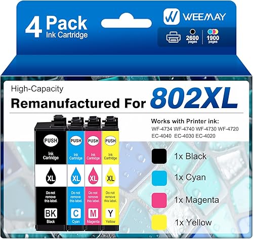 Weemay Repuesto remanufacturado para cartuchos de tinta Epson 802XL para impresora Epson funciona con Workforce Pro WF-4734 WF-4740 WF-4730 WF-4720