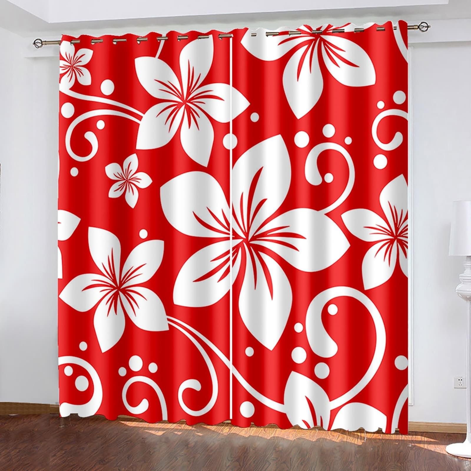 Blickdichter Vorhang mit Ösen, 86x160cm Rot Weiß Weiße Blumen und roter Hintergrund Verdunklungsvorhänge mit Ösen