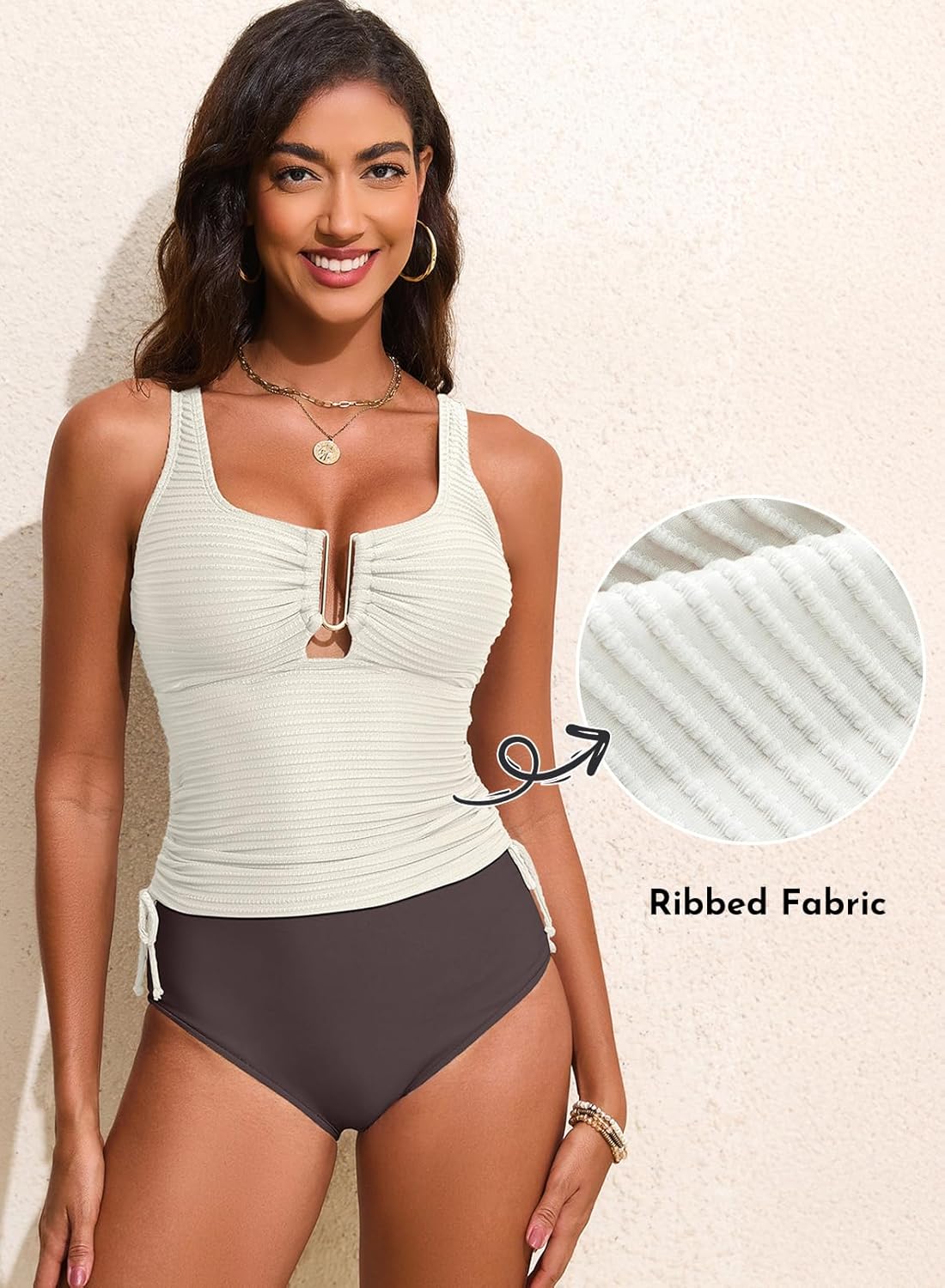 Aleumdr Women's Textured Tankini Swimsuits Tummy Control Ruched U-Wire Cutout Two Piece Bathing Suits with Bottom - Image 5