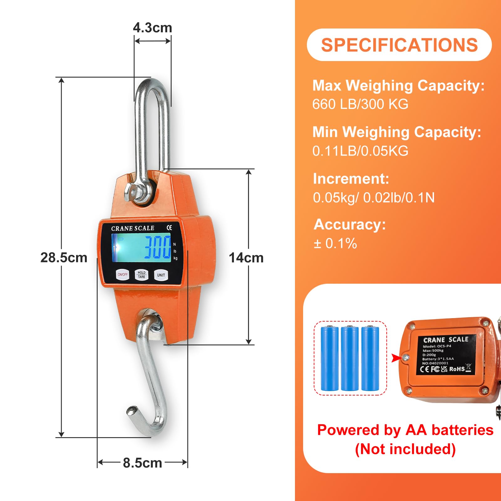 EFUTURETIME Hängewaage Digital 300KG, Kranwaage Präzision Portabilität aus Aluminium, Wildwaage Hakenwaage für Jagd, Angeln, Bauernhof, Fabrik, Wharf-Wiegen, Stahlrohstoffe, Orange