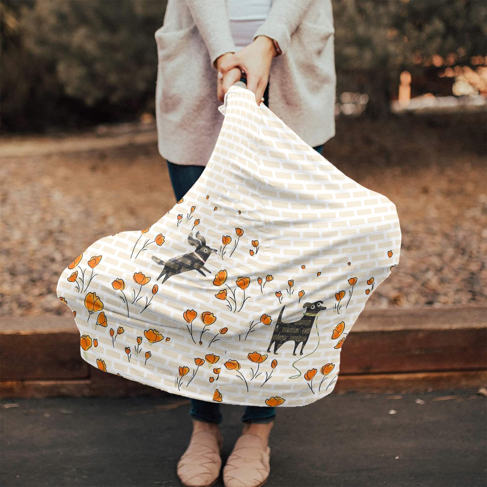Nursing Cover for Breastfeeding Scarf, Orange Flower Gray Dog Baby Car Covers Super Soft Multi Use for Canopy Shopping Cart Cover Blanket Stroller Cover