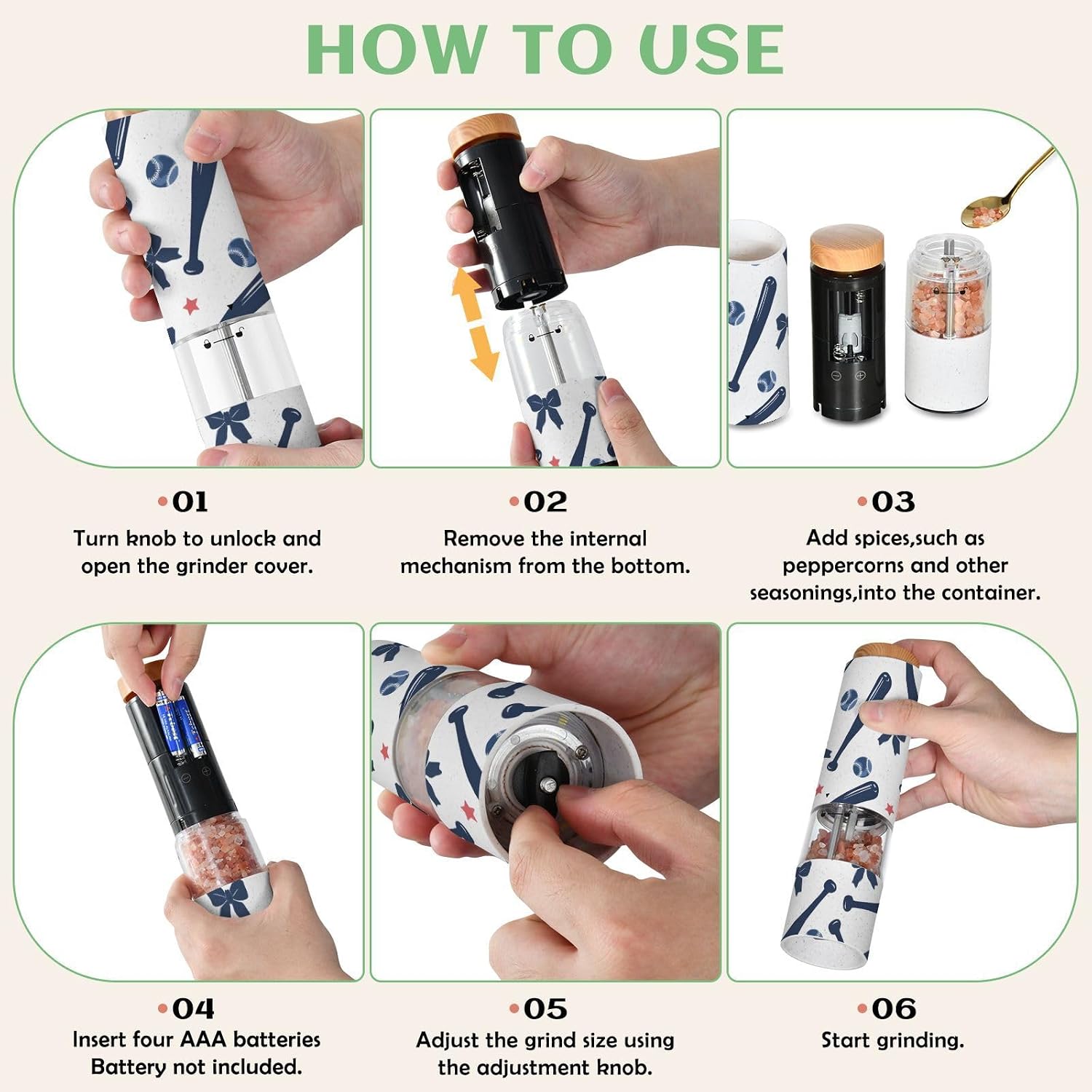 ALAZA Electric Pepper Grinder with Adjustable Coarseness, Baseball Bow Star Pattern Battery Automatic Salt and Pepper Mill with Led, One-Handed Operation Spice Grinder for Kitchen, Camping & BBQ